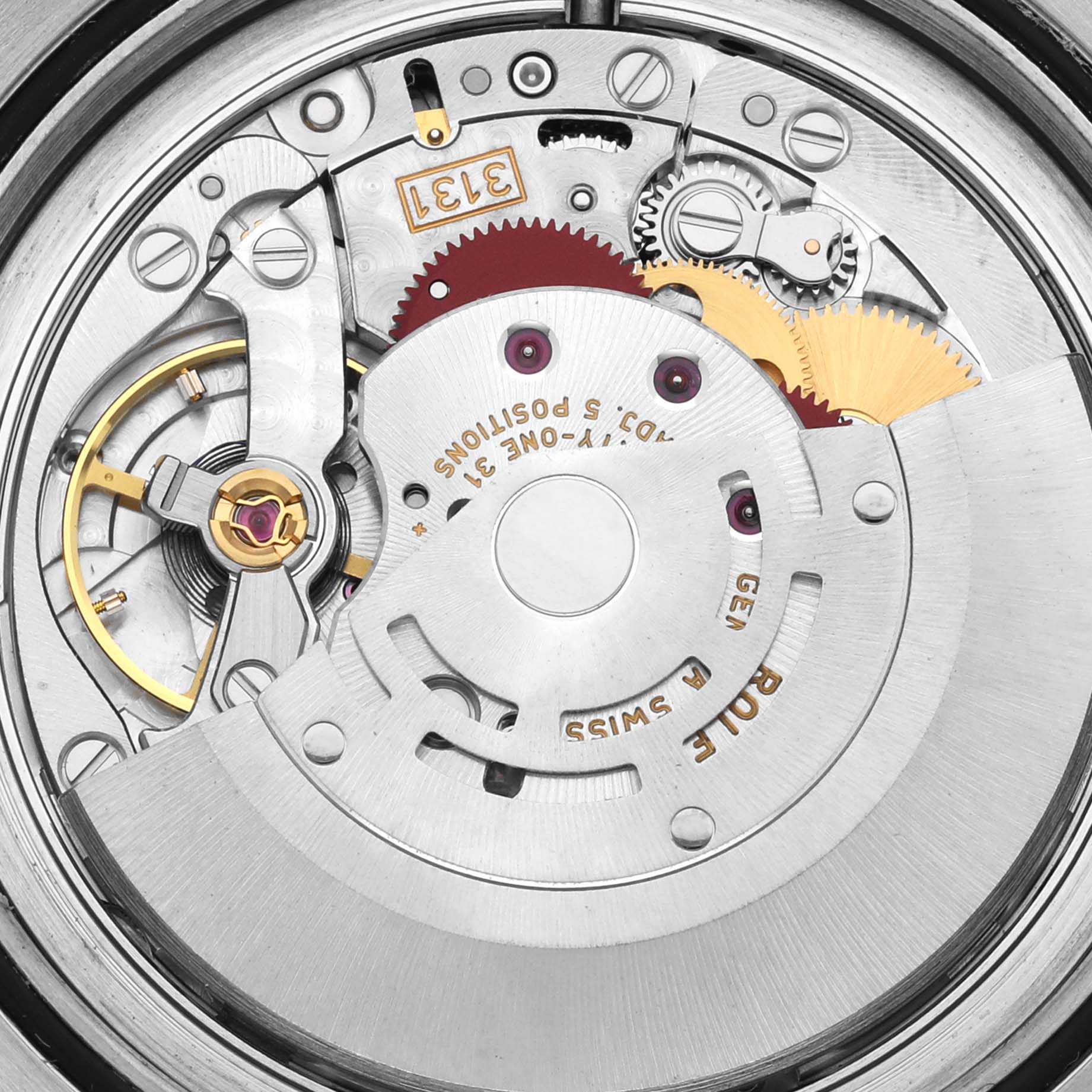 This image shows the internal mechanisms of a Rolex Air-King 116900 Men's Stainless Steel Black Dial 116900 Men's Stainless Steel Black Dial watch, featuring gears and the balance wheel.