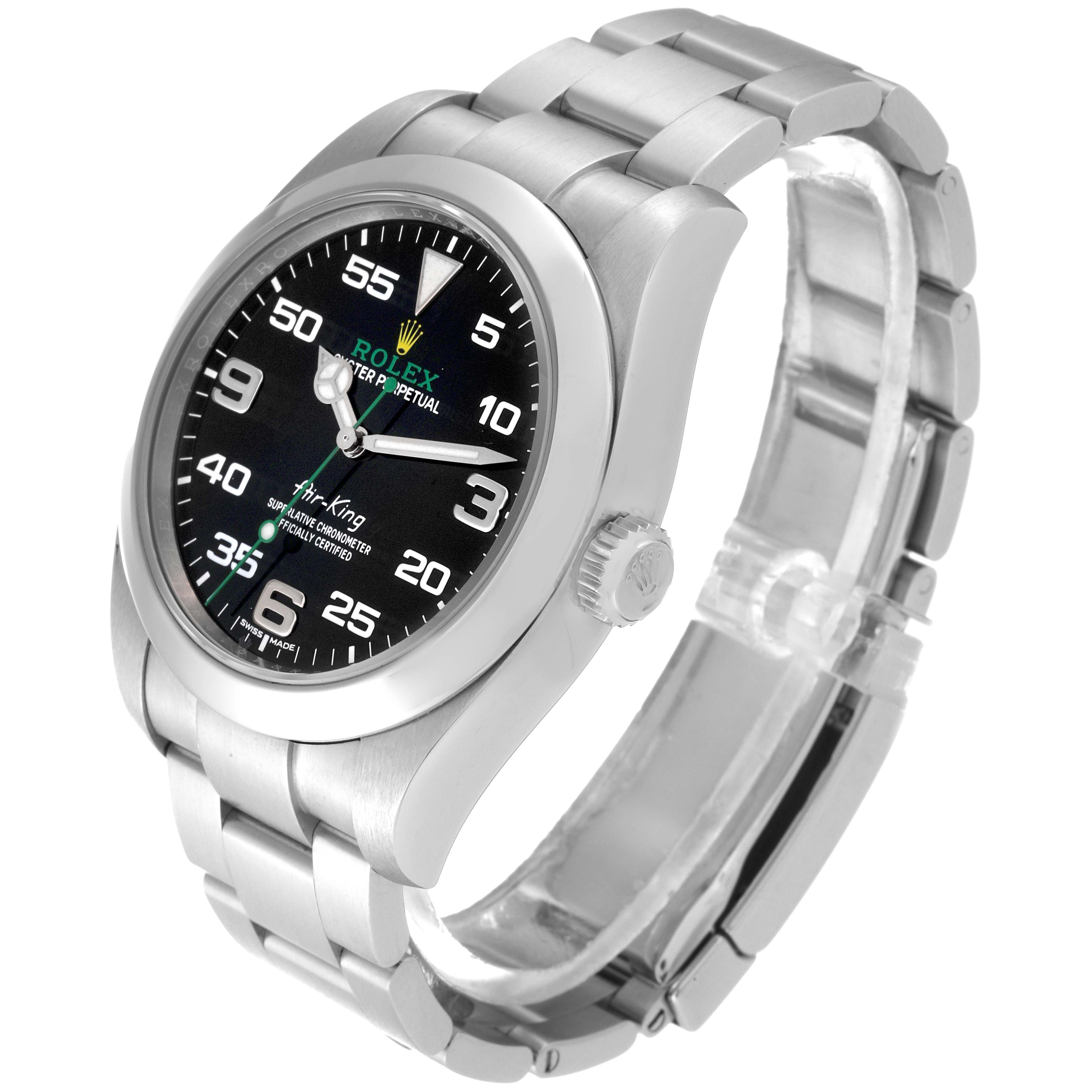 The image showcases a side and front view of a Rolex Air-King 116900 Men's Stainless Steel Black Dial 116900 Men's Stainless Steel Black Dial watch, highlighting its dial, crown, and bracelet.