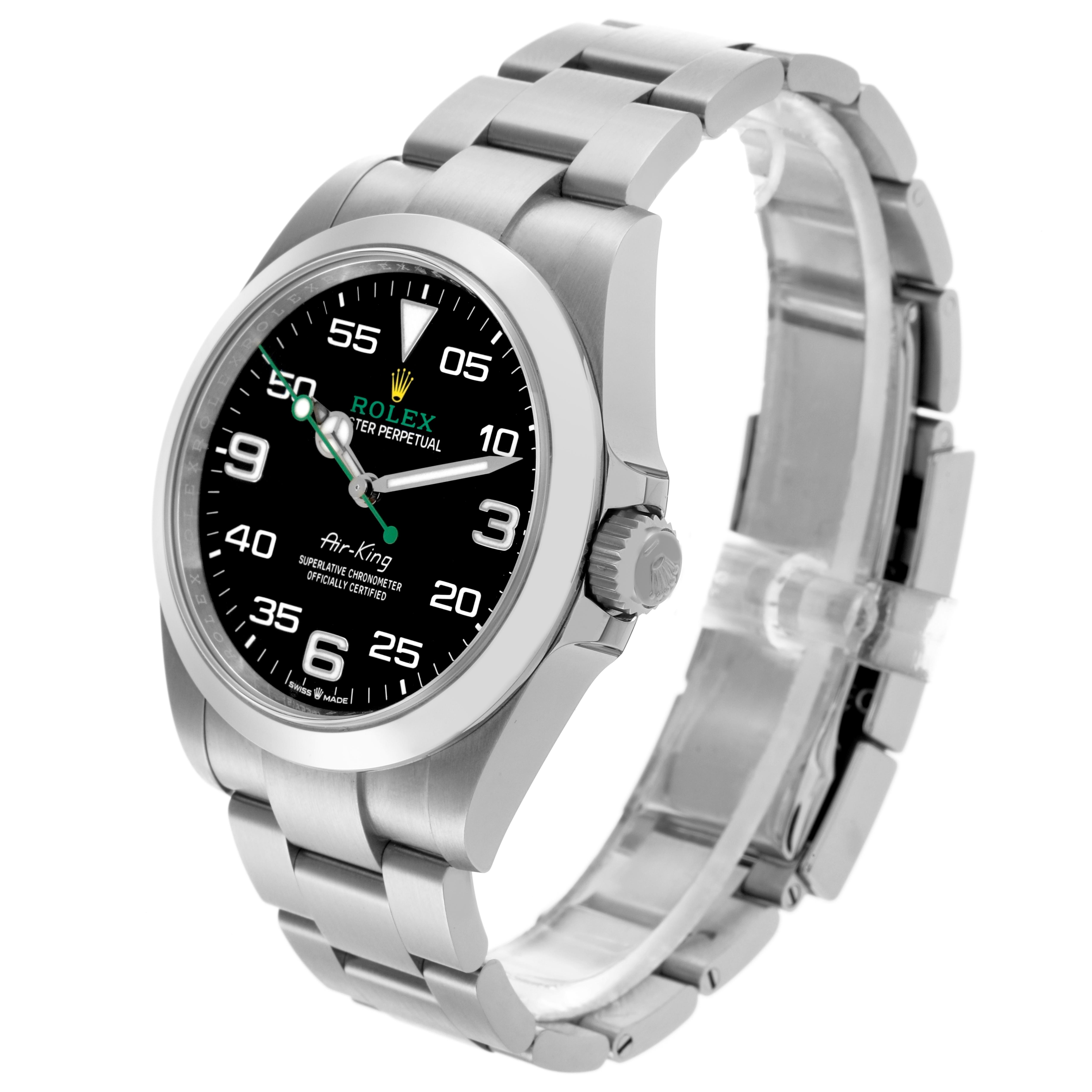 The Rolex Air-King 126900 Men's Stainless Steel Black Dial 126900 Men's Stainless Steel Black Dial watch is shown from an angled side view, highlighting the face, crown, and bracelet.