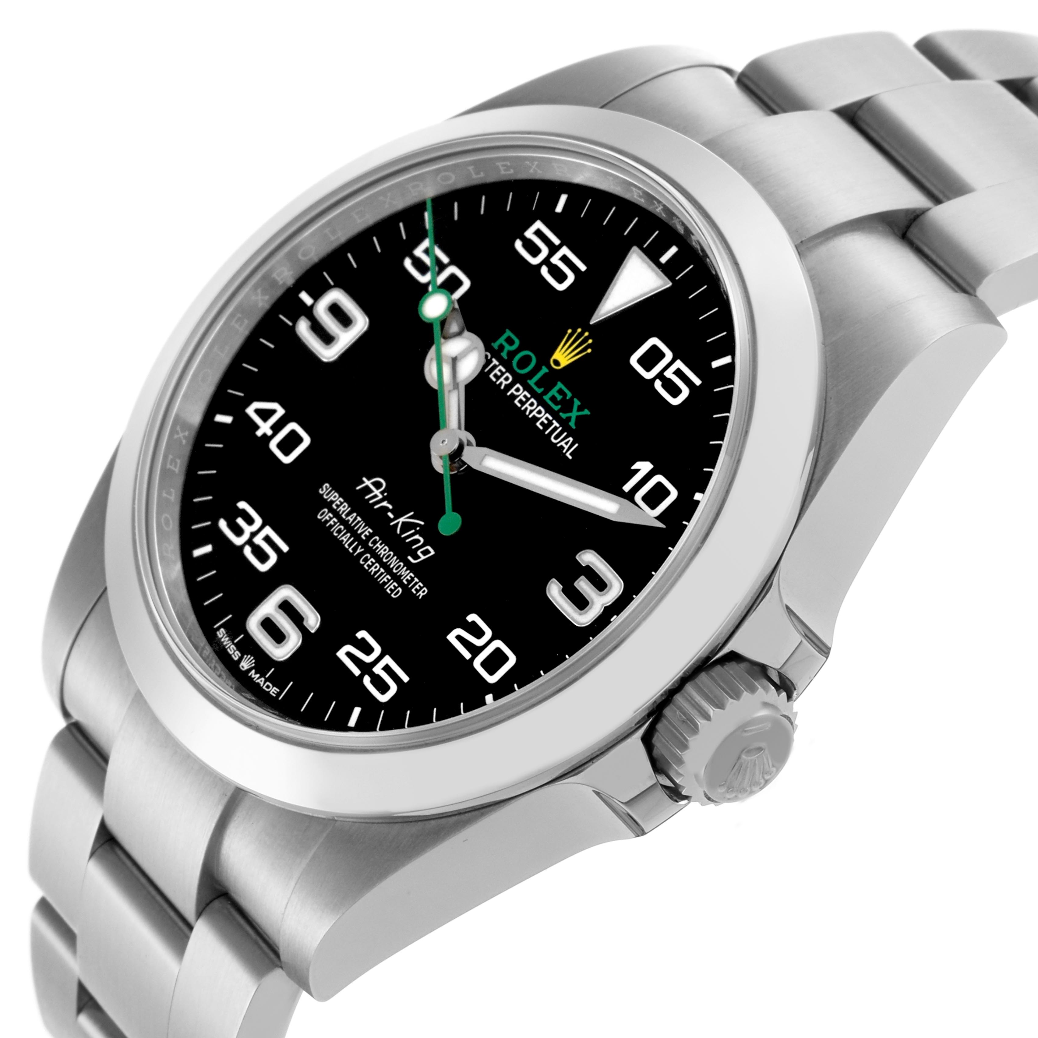 The image shows a Rolex Air-King 126900 Men's Stainless Steel Black Dial 126900 Men's Stainless Steel Black Dial watch from an angled top view, highlighting the watch face, bezel, crown, and bracelet.