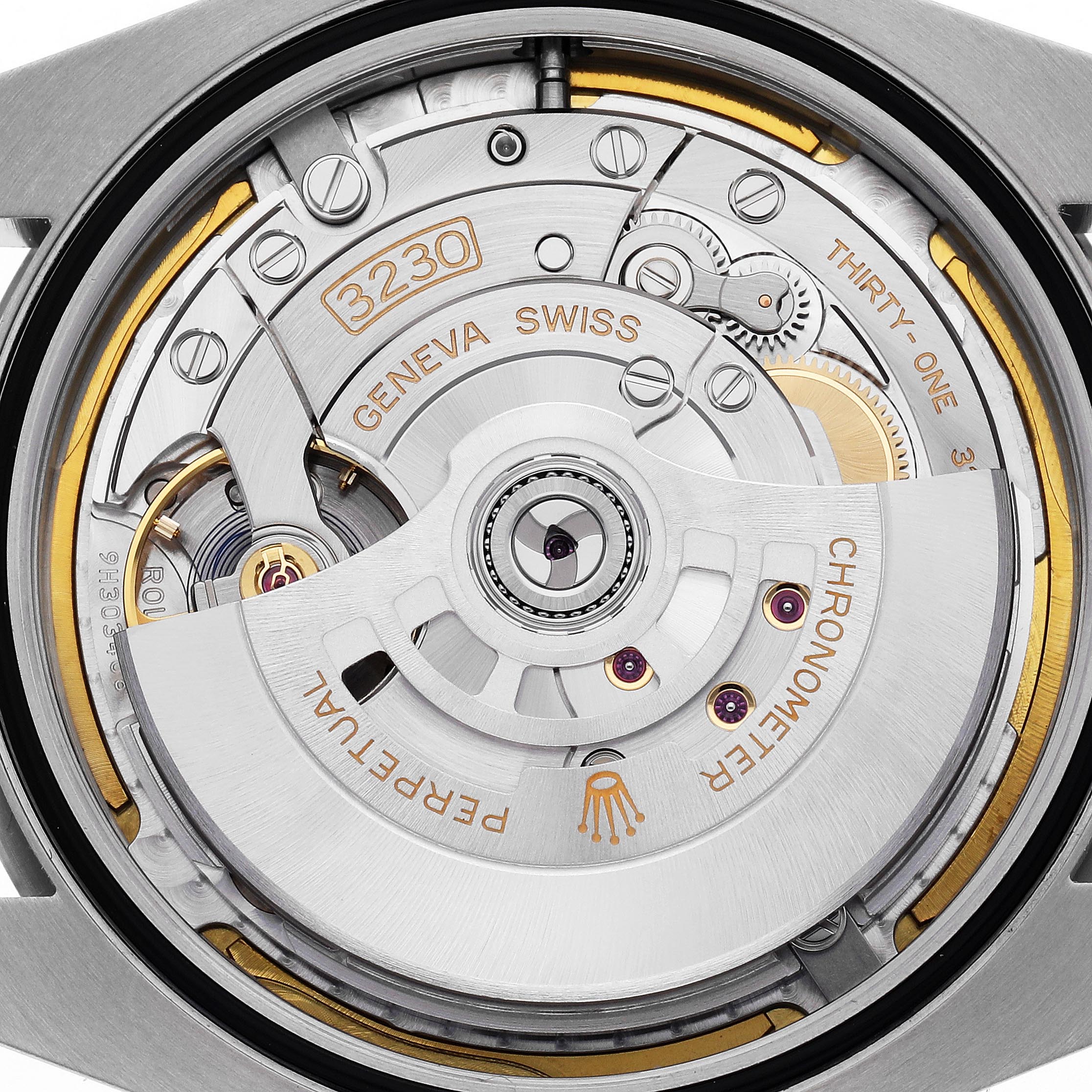 The image shows a close-up of the Rolex Air-King 126900 Men's Stainless Steel Black Dial 126900 Men's Stainless Steel Black Dial's movement, highlighting its intricate mechanical components.