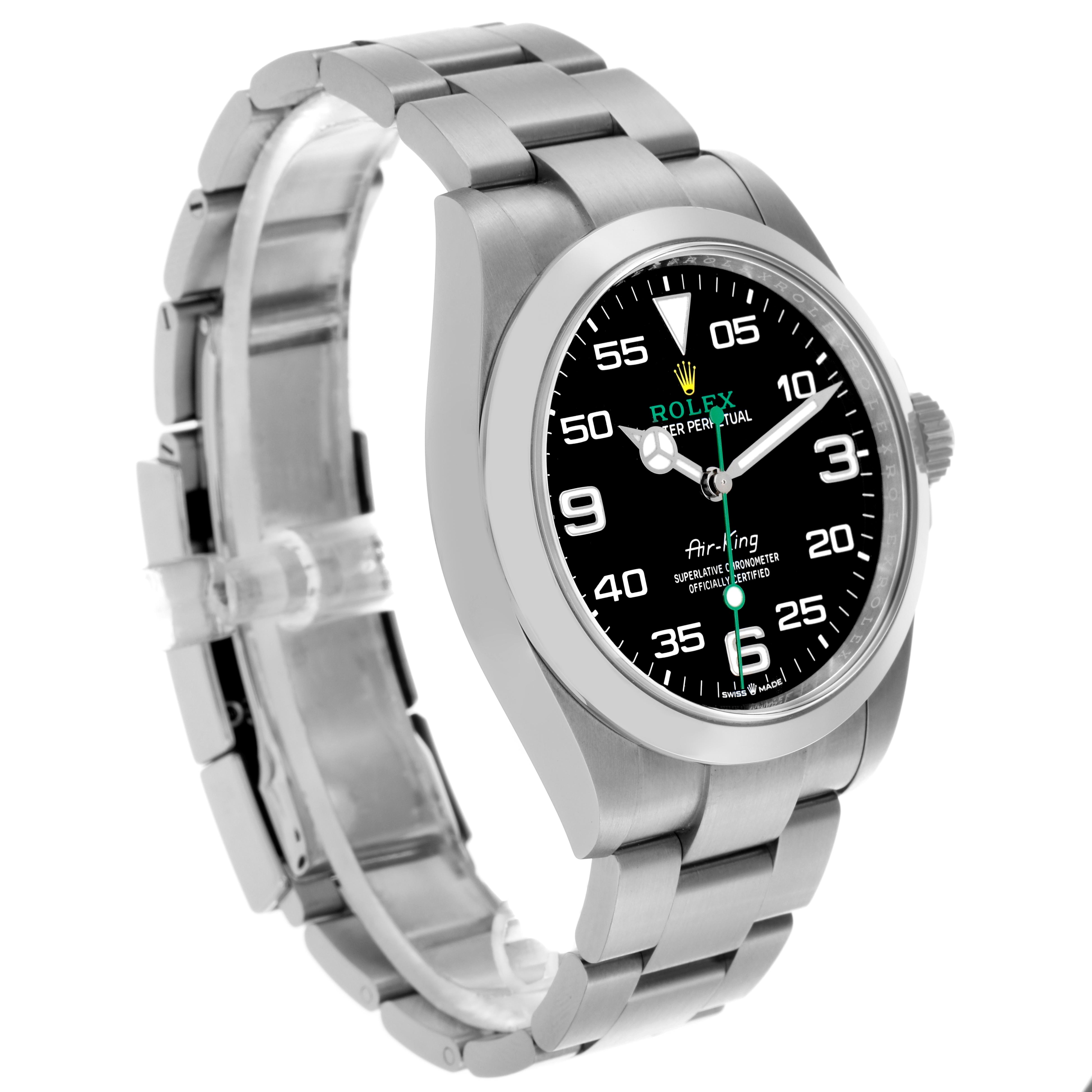 The Rolex Air-King 126900 Men's Stainless Steel Black Dial 126900 Men's Stainless Steel Black Dial watch is shown at a three-quarter angle, displaying the face, bezel, and bracelet.