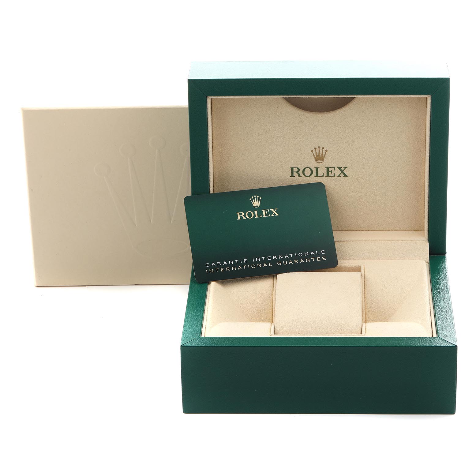 The image shows the Rolex Air-King 126900 Men's Stainless Steel Black Dial 126900 Men's Stainless Steel Black Dial box and international guarantee card, displayed at an angle showing the interior.