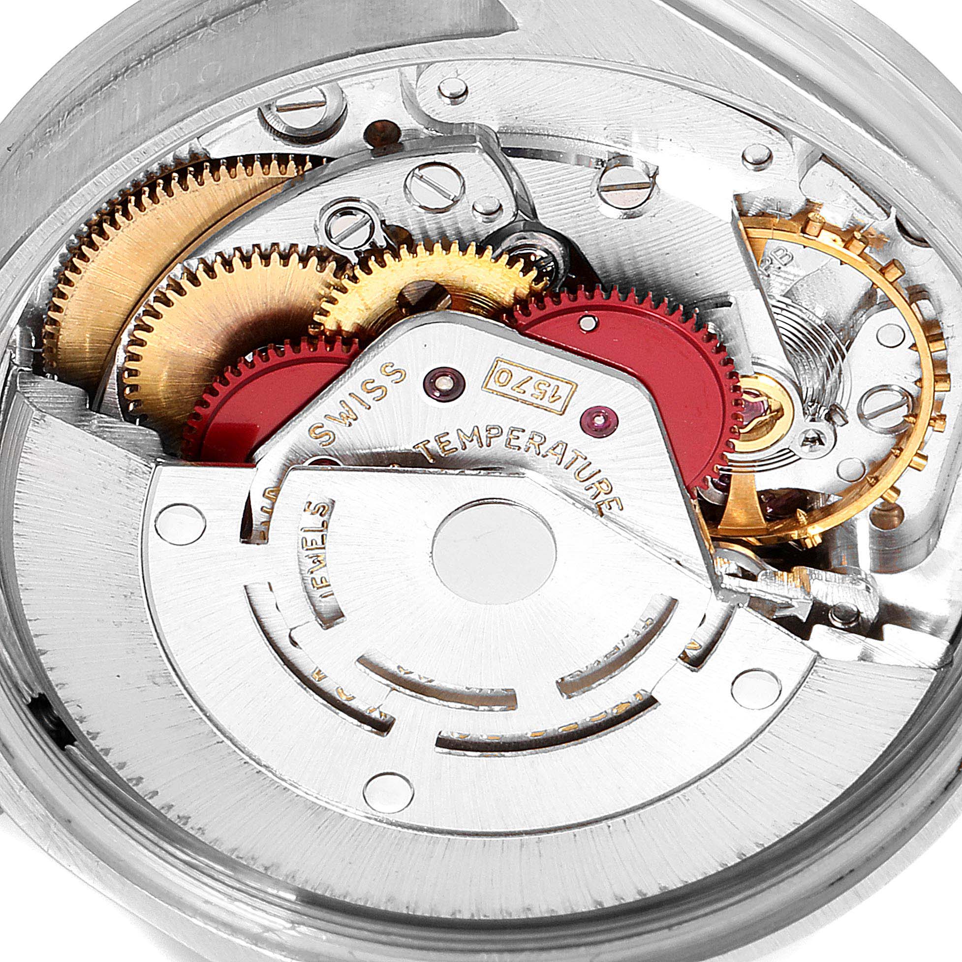 This close-up shot shows the intricate mechanical movement of the Vintage Collection model by Rolex.