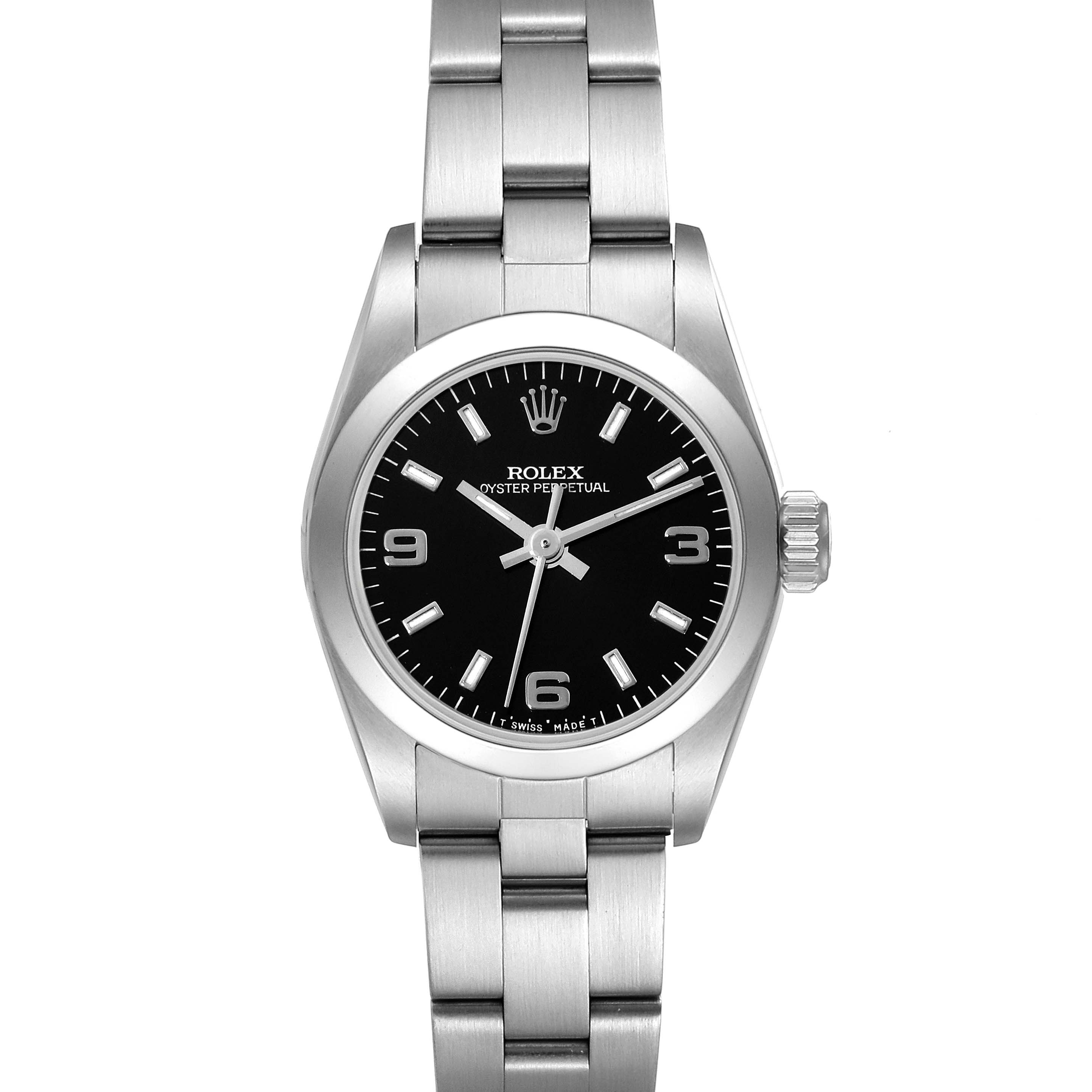This image shows a Rolex Oyster Perpetual 67180 Women's Stainless Steel Black Dial 67180 Women's Stainless Steel Black Dial watch from a front angle, highlighting the face, bezel, and bracelet.