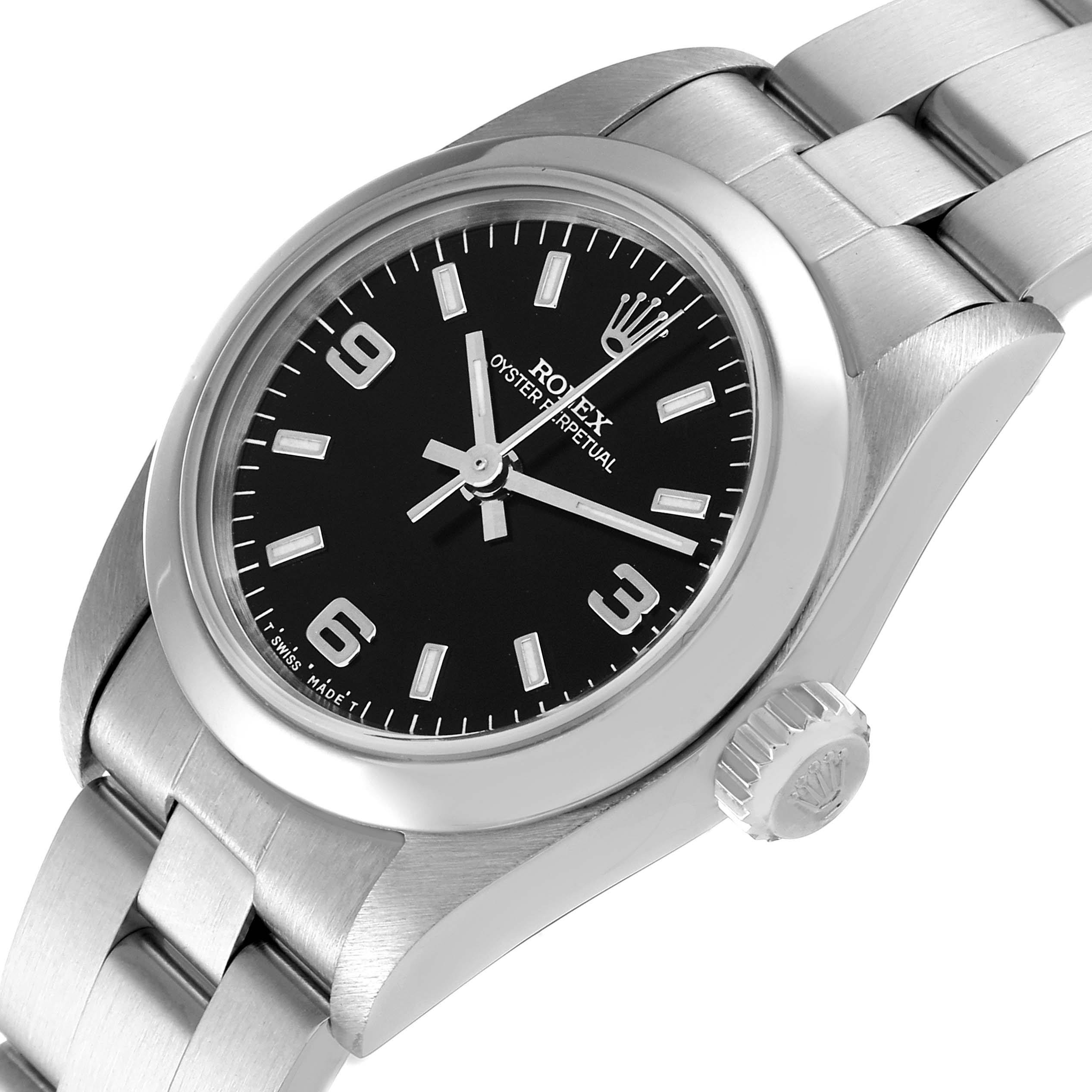 This image shows the Rolex Oyster Perpetual 67180 Women's Stainless Steel Black Dial 67180 Women's Stainless Steel Black Dial watch from an angled perspective, highlighting the face, crown, and bracelet.