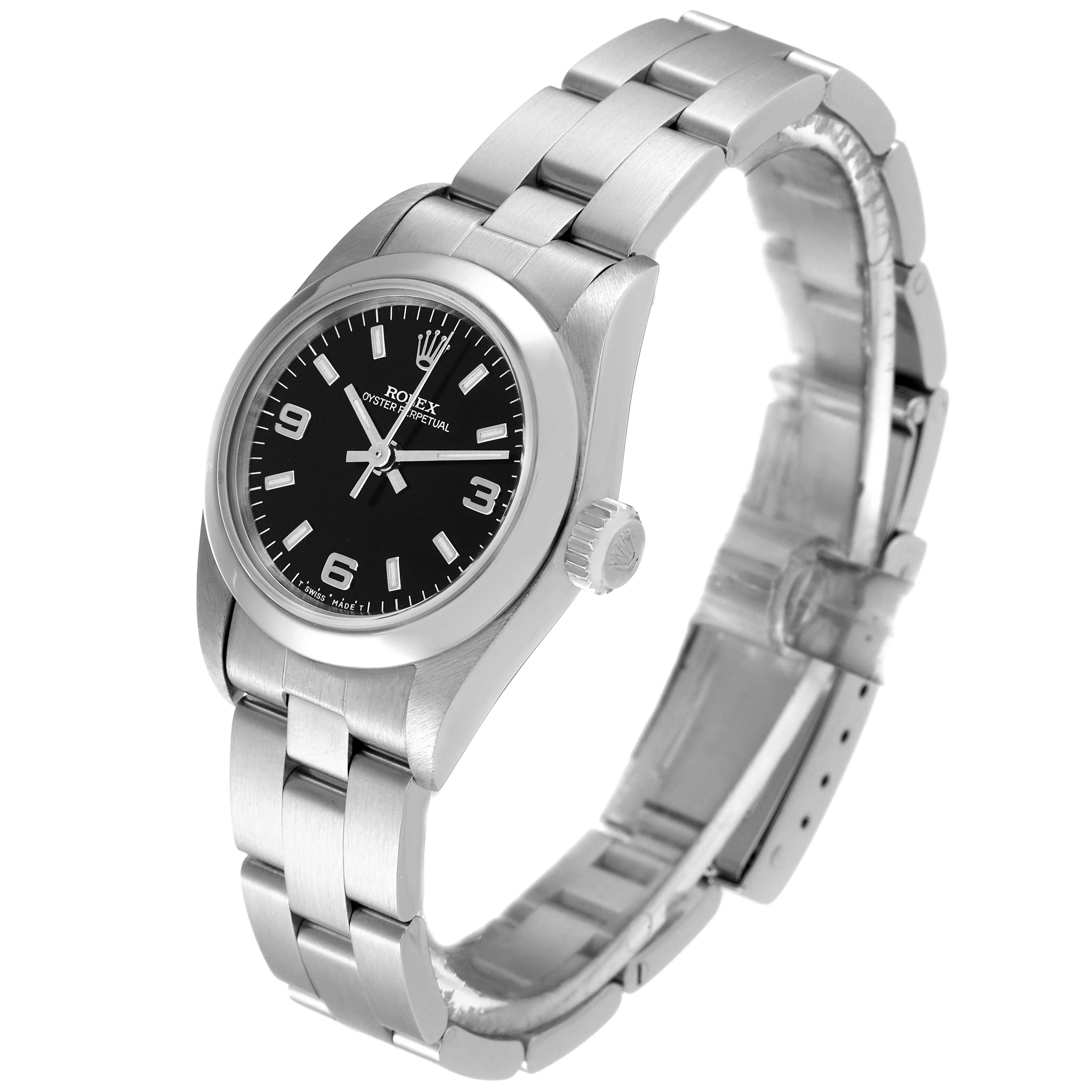 The Rolex Oyster Perpetual 67180 Women's Stainless Steel Black Dial 67180 Women's Stainless Steel Black Dial watch is shown from a front angle, highlighting its black dial, bezel, crown, and bracelet.