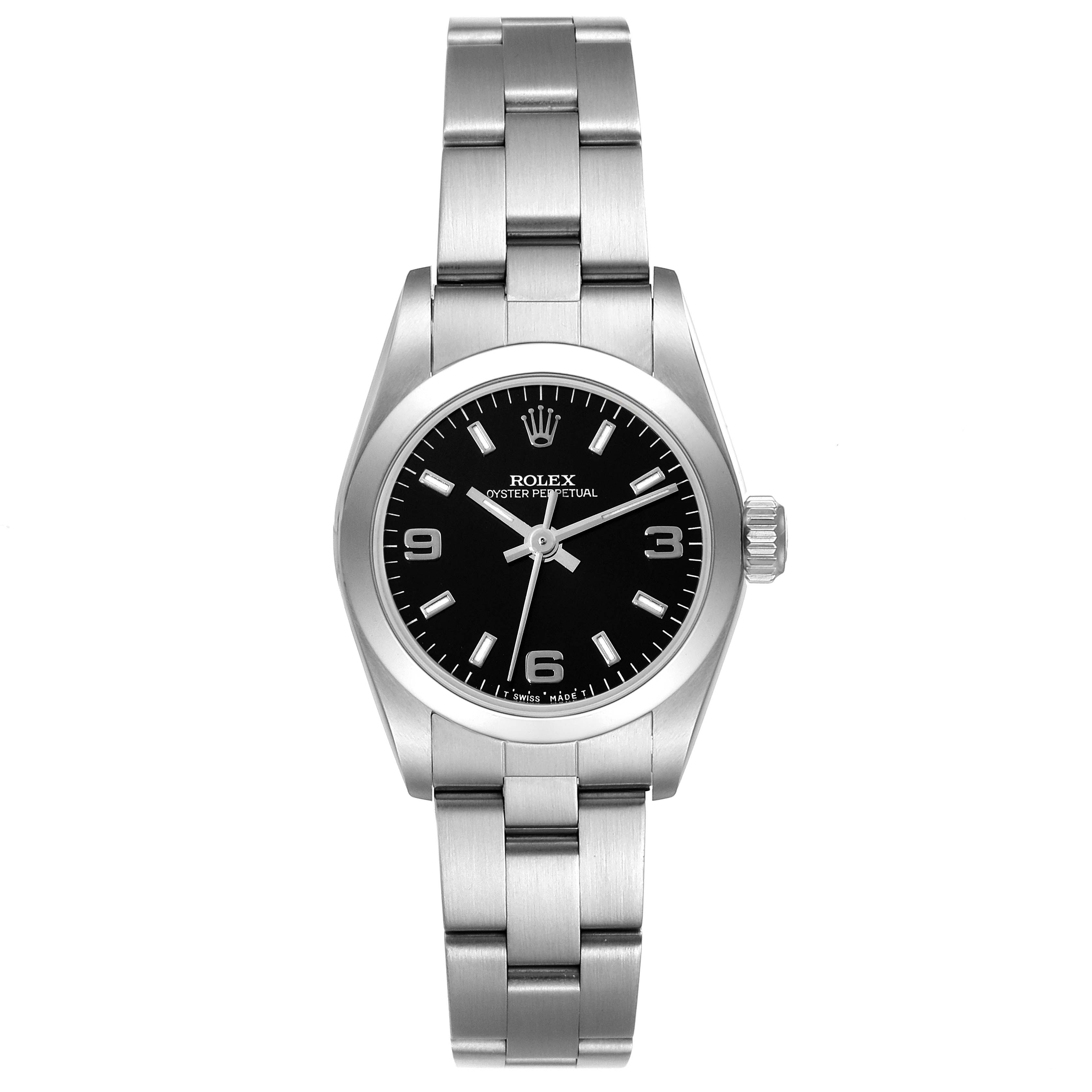 The image shows a front view of a Rolex Oyster Perpetual 67180 Women's Stainless Steel Black Dial 67180 Women's Stainless Steel Black Dial watch, highlighting its face, bezel, crown, and bracelet.