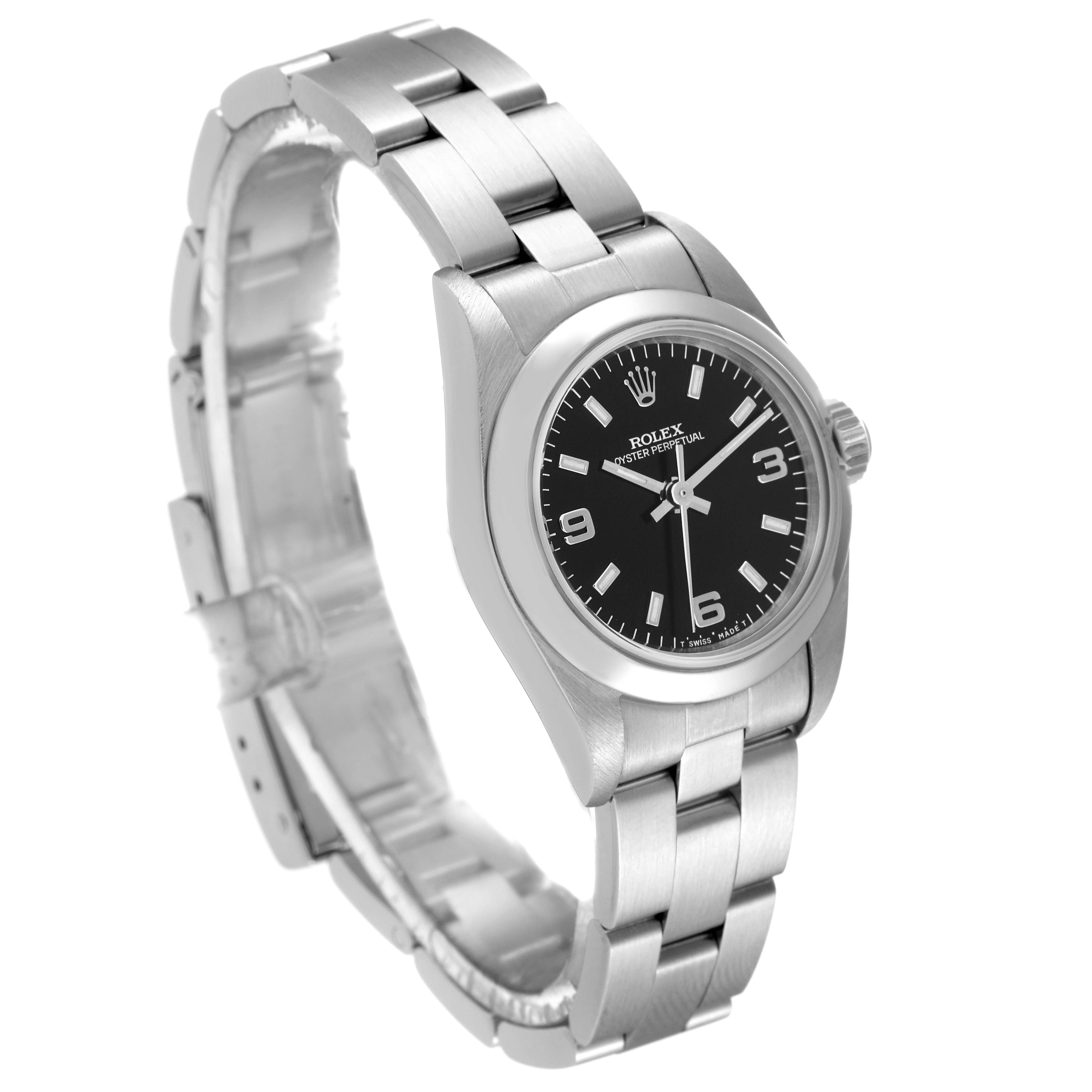 The Rolex Oyster Perpetual 67180 Women's Stainless Steel Black Dial 67180 Women's Stainless Steel Black Dial watch is shown at a three-quarter angle, highlighting its stainless steel bracelet, case, and black dial.
