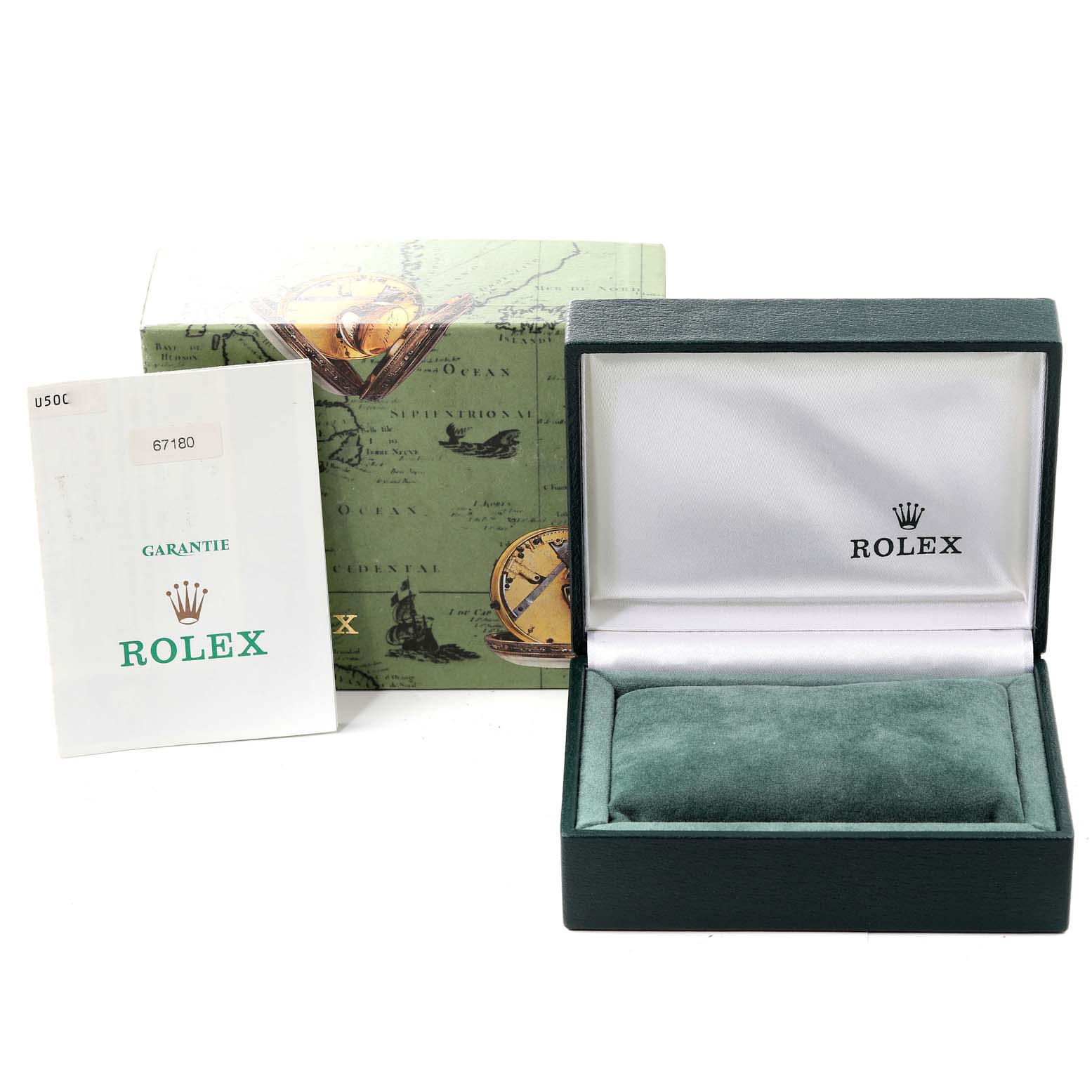 The image shows an empty Rolex Oyster Perpetual 67180 Women's Stainless Steel Black Dial 67180 Women's Stainless Steel Black Dial watch box, its outer box, and a warranty booklet.