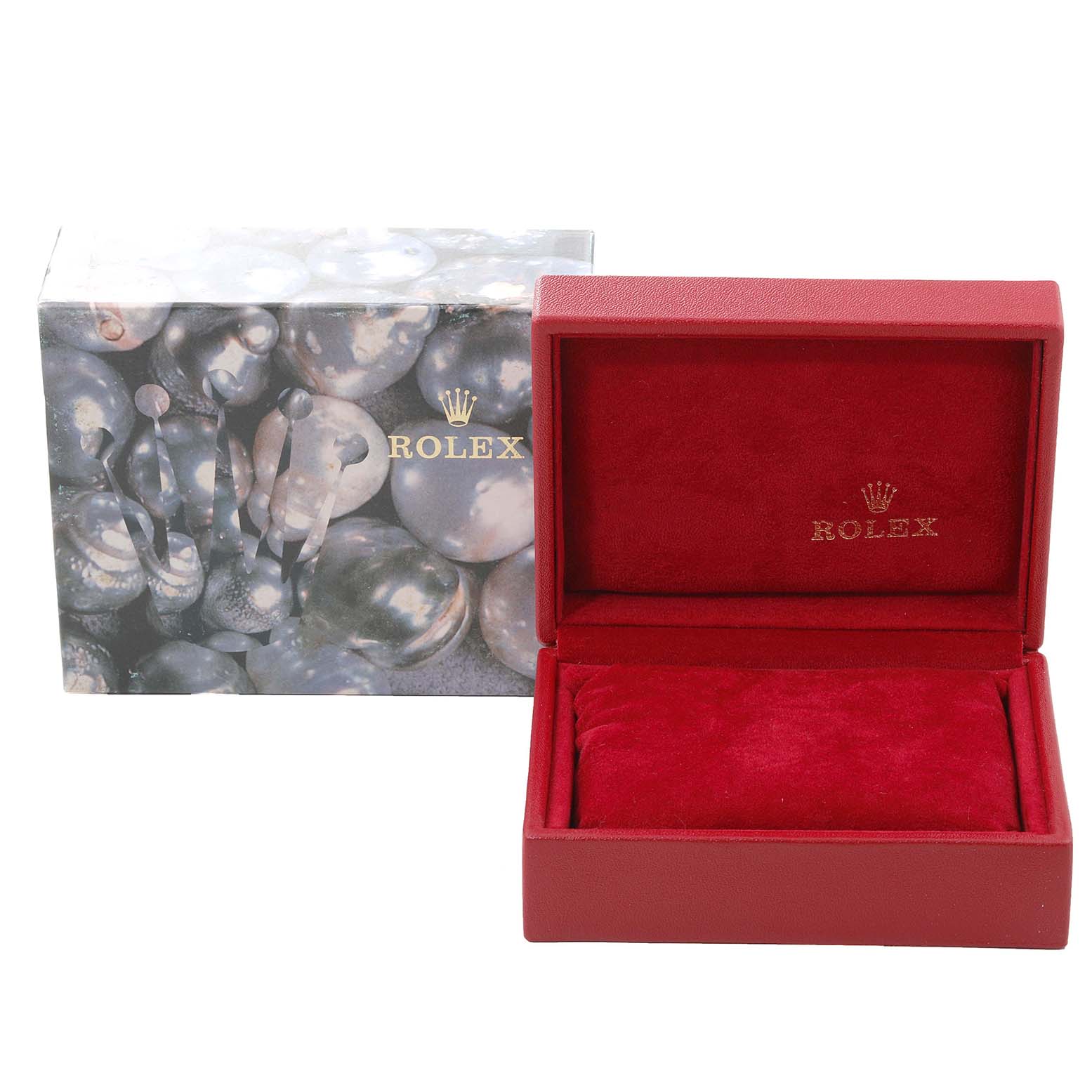 The image shows a Rolex-branded box and red watch case for the Oyster Perpetual model.