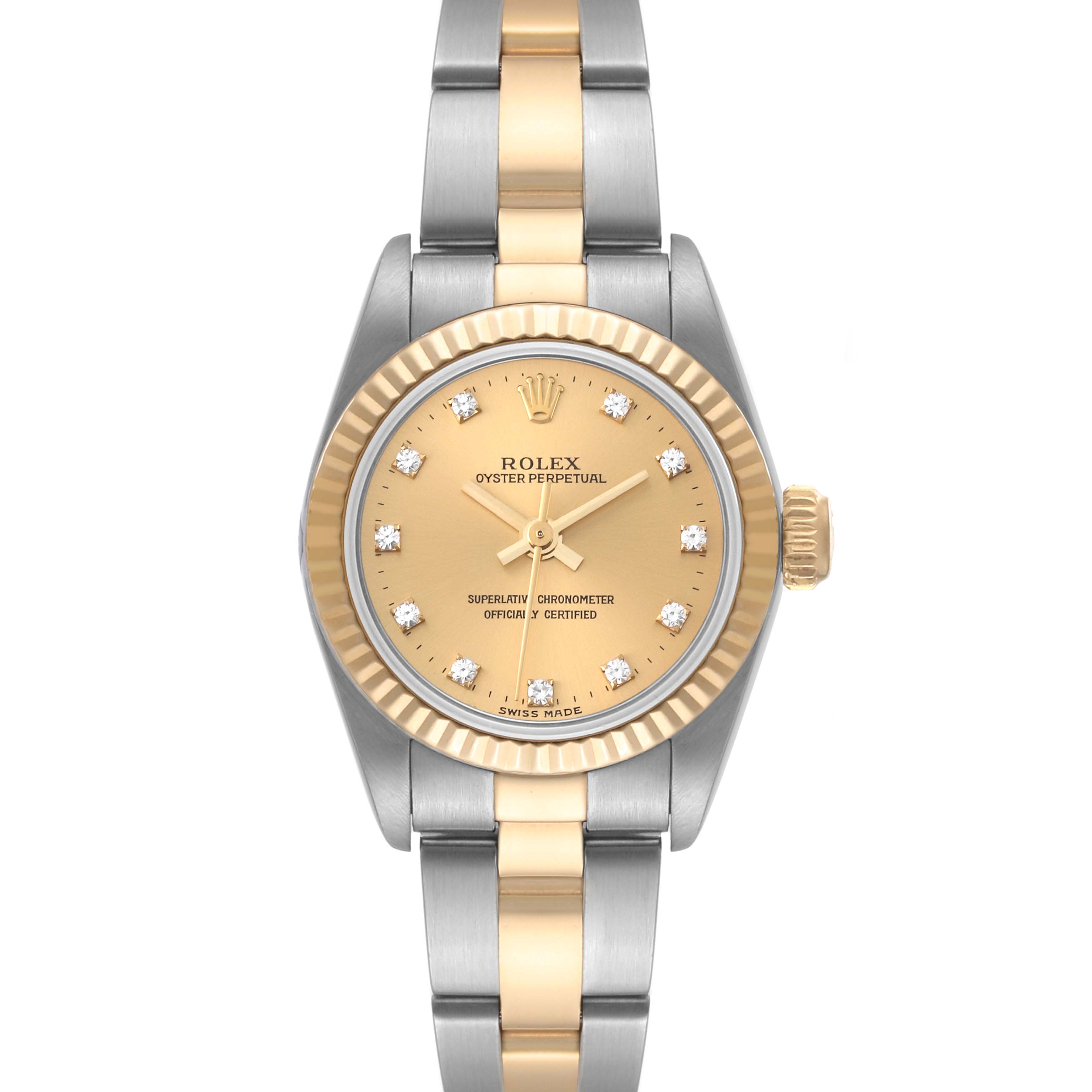 The Rolex Oyster Perpetual 76193 Women's Steel and Gold (two tone) Champagne Dial 76193 Women's Steel and Gold (two tone) Champagne Dial watch shown here is viewed from the front, highlighting its gold dial and two-tone bracelet.