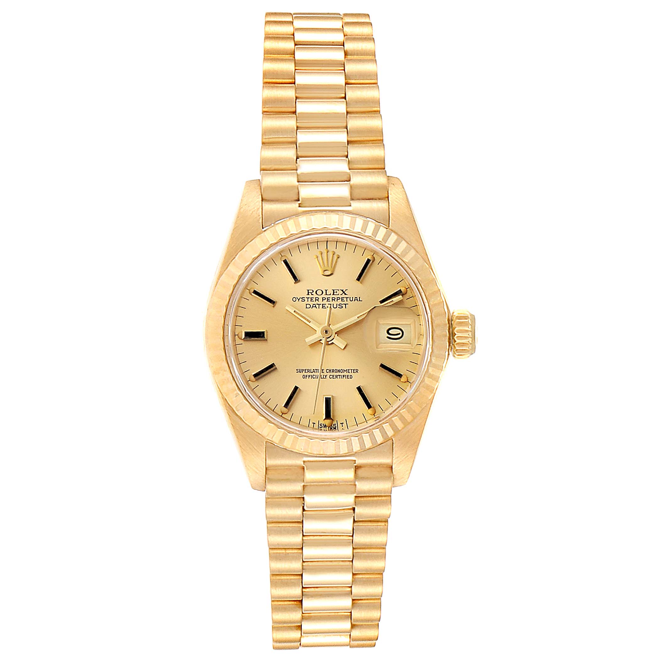 This image shows a Rolex President 69178 Women's Yellow Gold Champagne Dial 69178 Women's Yellow Gold Champagne Dial model watch with an analog dial, date window, and a gold bracelet, viewed from the front.