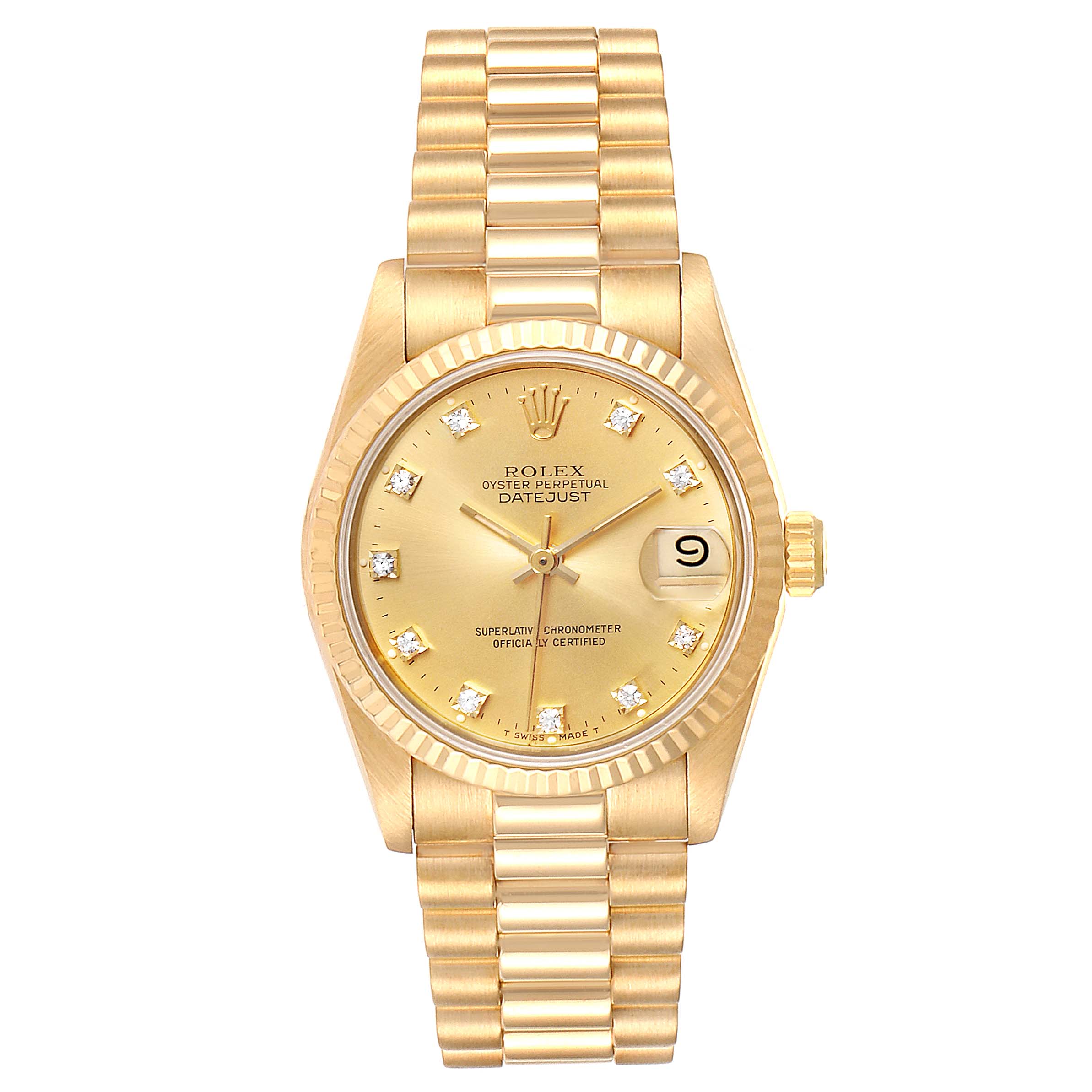 The image shows a gold Rolex President 68278 Women
s Yellow Gold Champagne Dial 68278 Women
s Yellow Gold Champagne Dial model watch, featuring the dial, case, bracelet, bezel, hands, and date window.
