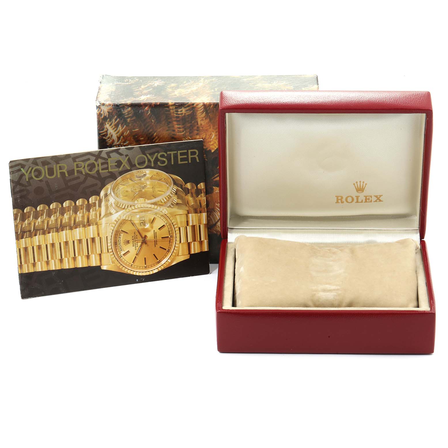The image shows an empty Rolex President 68278 Women
s Yellow Gold Champagne Dial 68278 Women
s Yellow Gold Champagne Dial model watch box, with a manual and outer packaging.