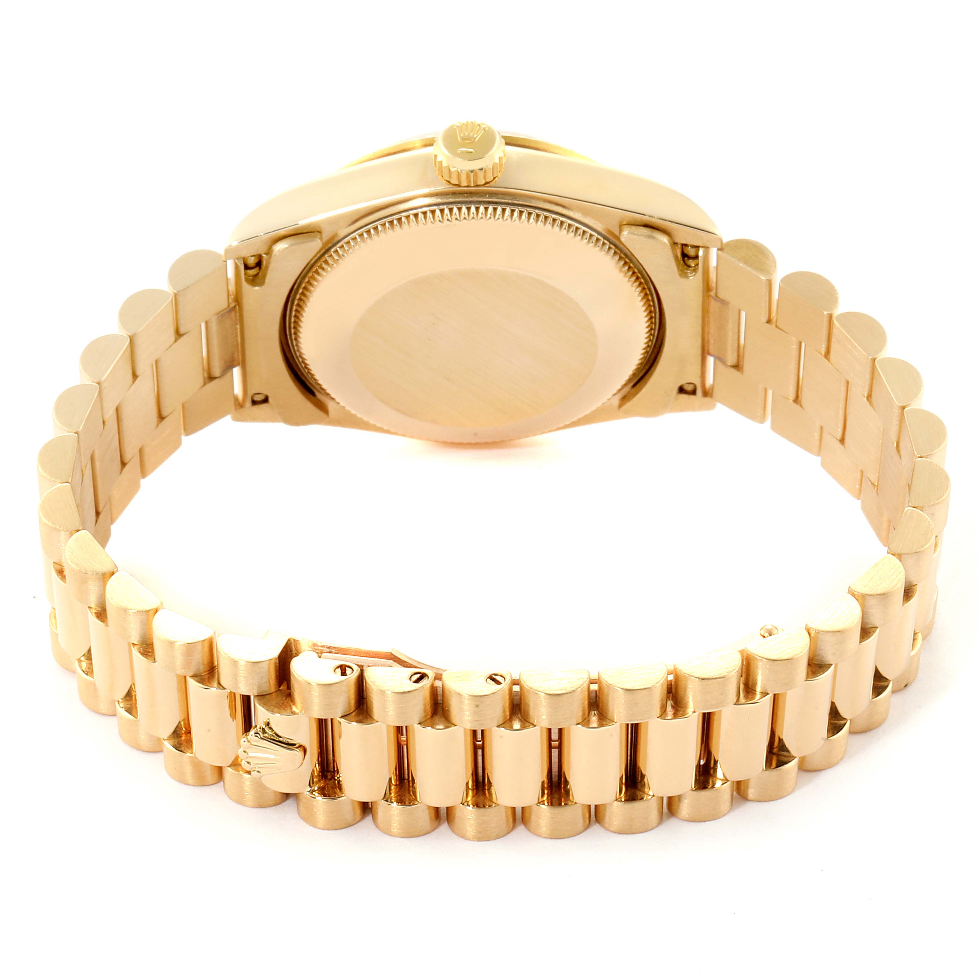 This image shows the back view of the Rolex President 68278 Women
s Yellow Gold Champagne Dial 68278 Women
s Yellow Gold Champagne Dial model watch, highlighting its gold bracelet and case back.