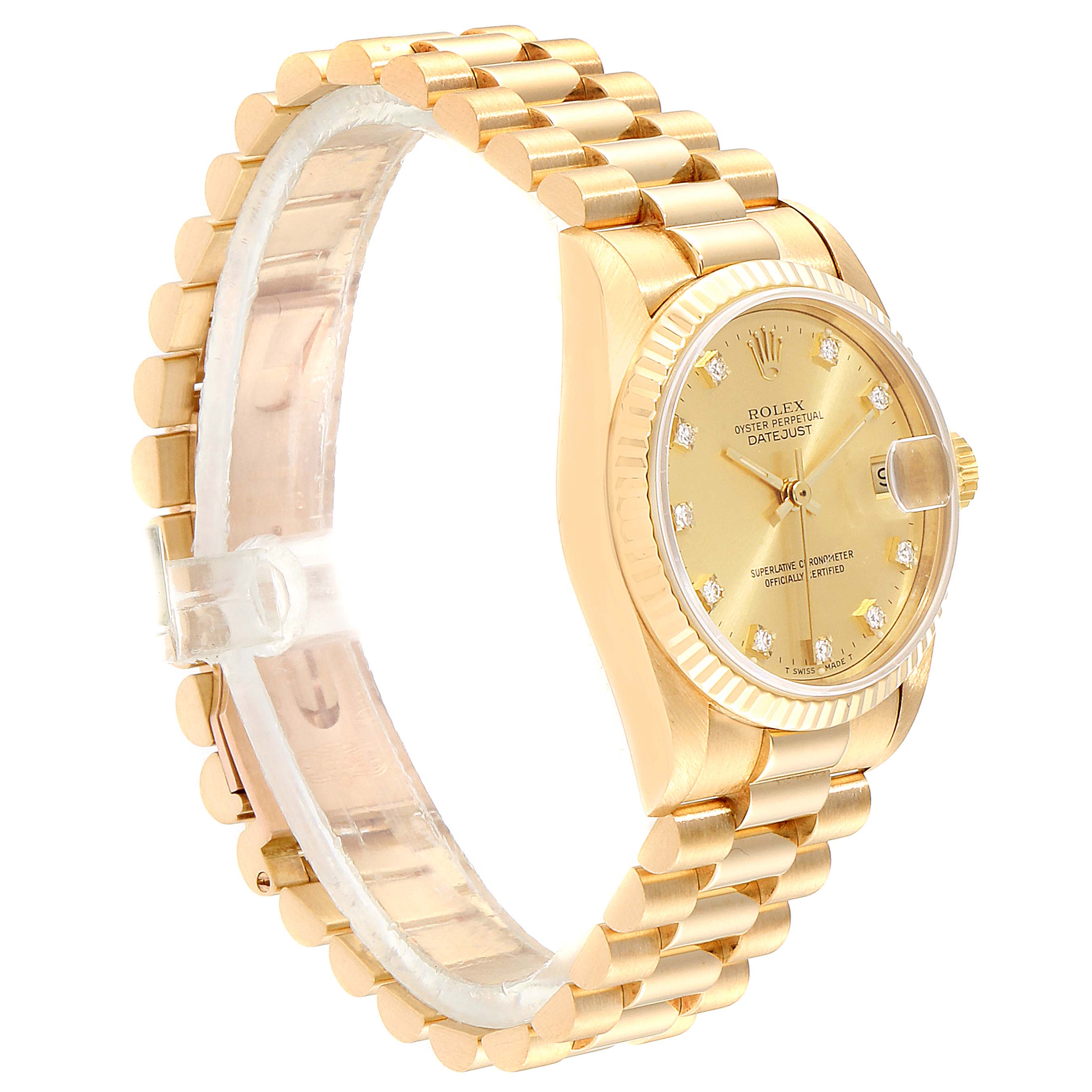 This image features a Rolex President 68278 Women
s Yellow Gold Champagne Dial 68278 Women
s Yellow Gold Champagne Dial model watch showing the side angle, watch face, and the linked gold bracelet.