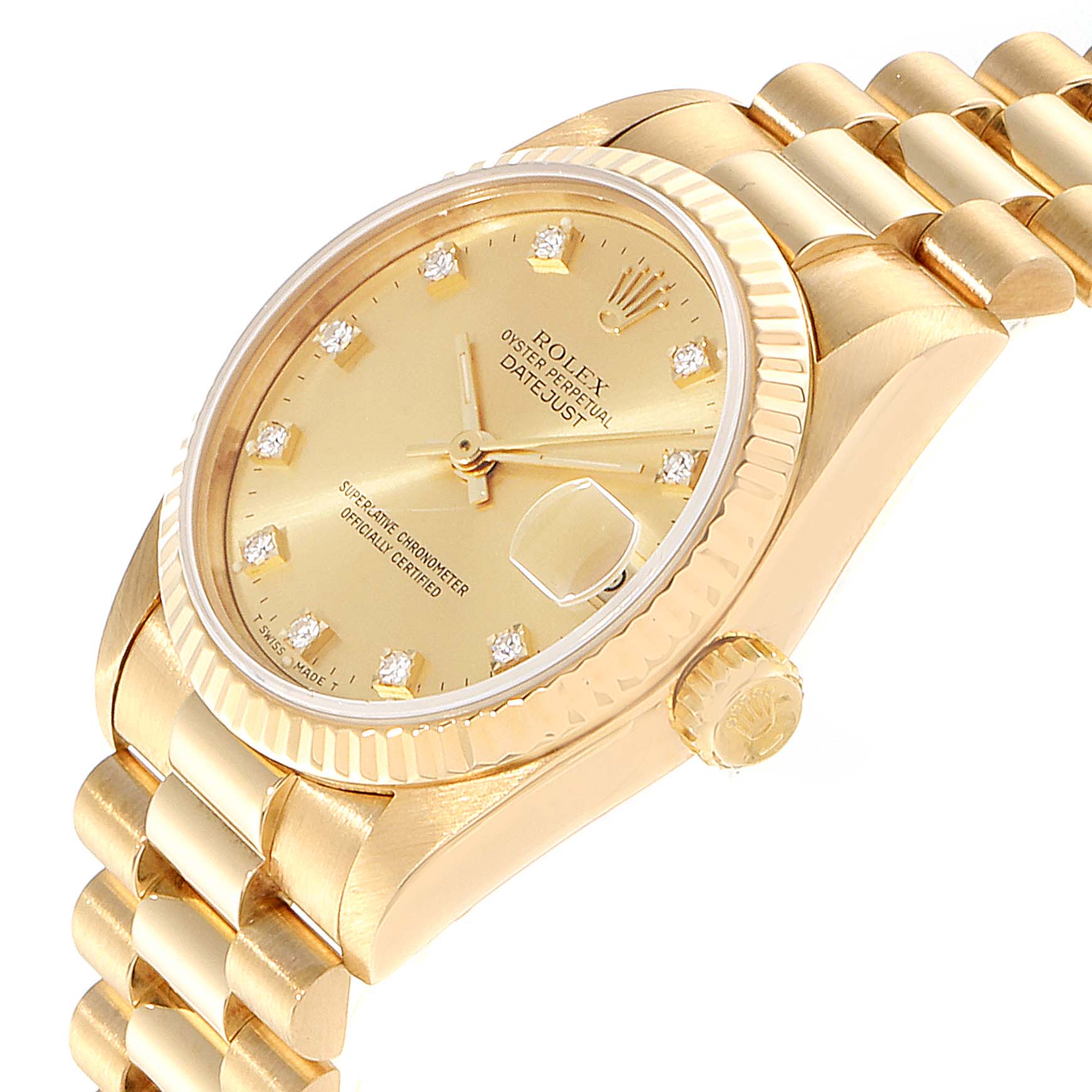 This image shows a close-up angled view of the Rolex President 68278 Women
s Yellow Gold Champagne Dial 68278 Women
s Yellow Gold Champagne Dial model watch displaying the face, crown, and part of the band.