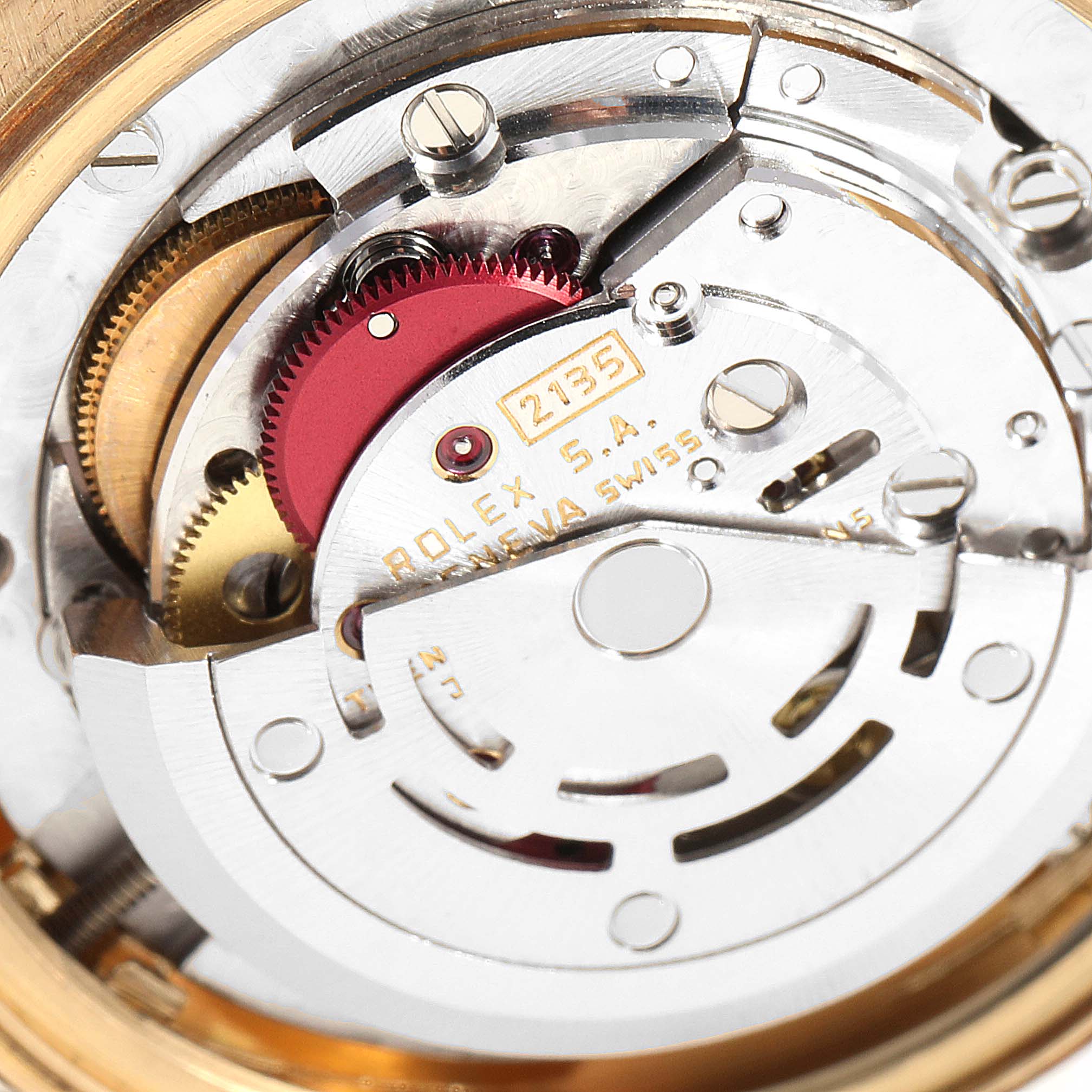 This image shows a close-up view of the internal movement parts of a Rolex President 68278 Women
s Yellow Gold Champagne Dial 68278 Women
s Yellow Gold Champagne Dial model watch.