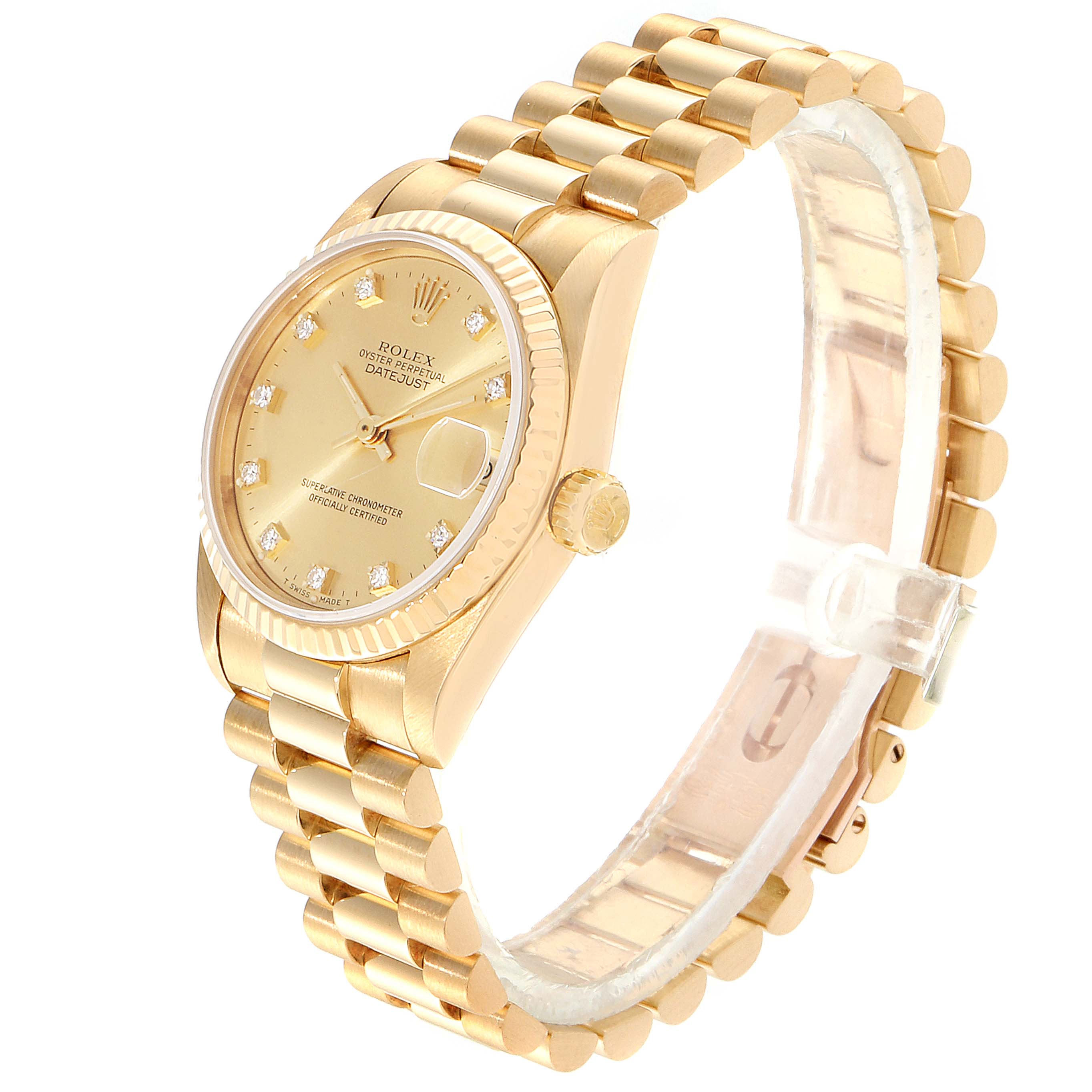 The image shows a side angle of a Rolex President 68278 Women
s Yellow Gold Champagne Dial 68278 Women
s Yellow Gold Champagne Dial model watch, highlighting its gold case, bezel, and bracelet.
