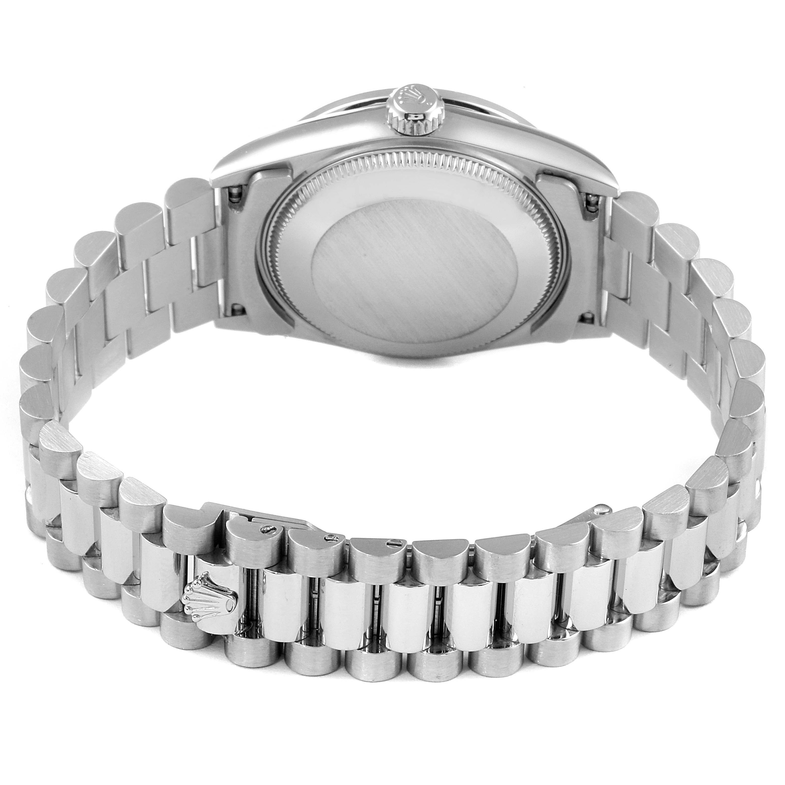 This image shows the back view of a Rolex President 78286 Women's Platinum Silver Dial 78286 Women's Platinum Silver Dial model watch, highlighting its bracelet and case back.