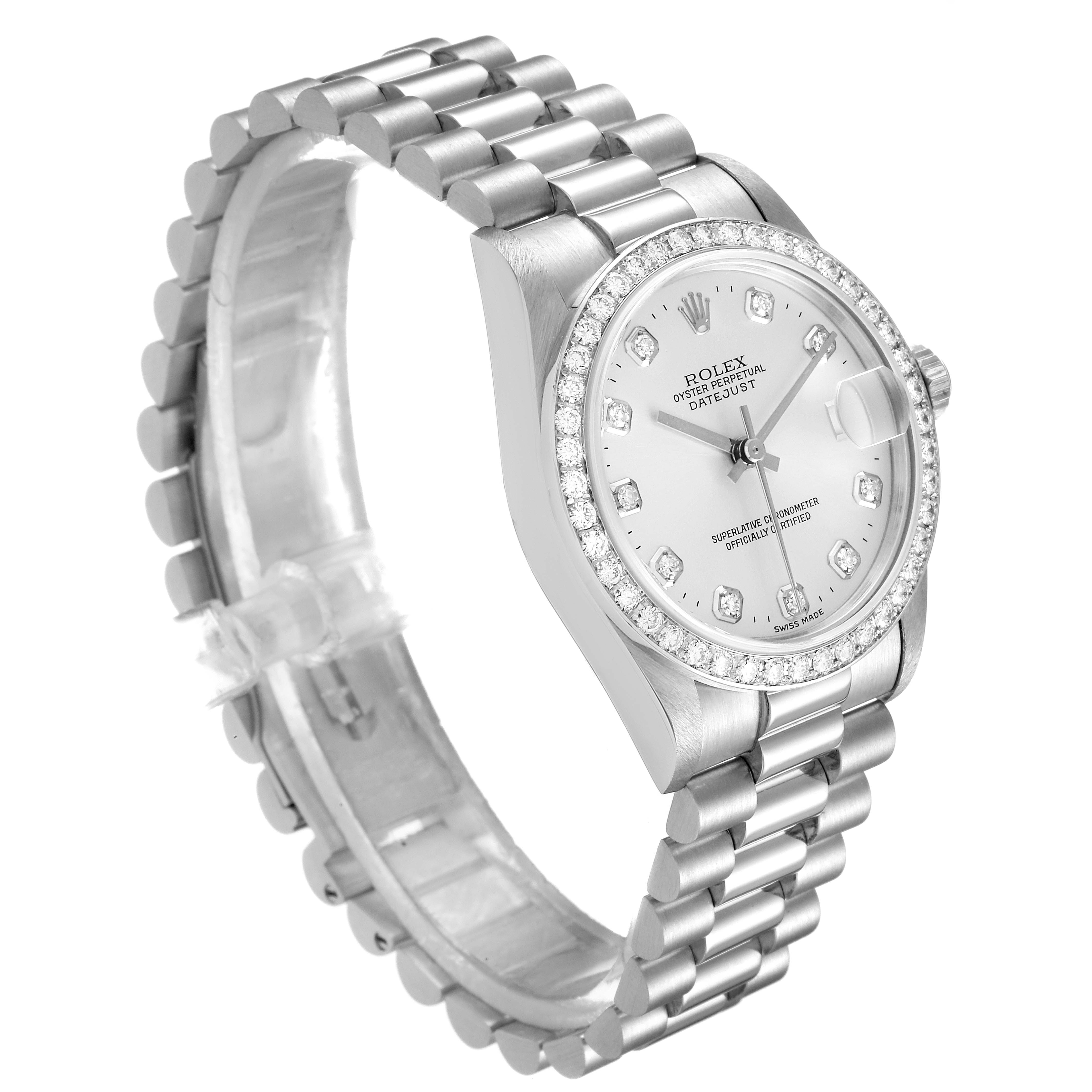 The image shows a side view of a Rolex President 78286 Women's Platinum Silver Dial 78286 Women's Platinum Silver Dial model watch, highlighting its bracelet, bezel, and dial.