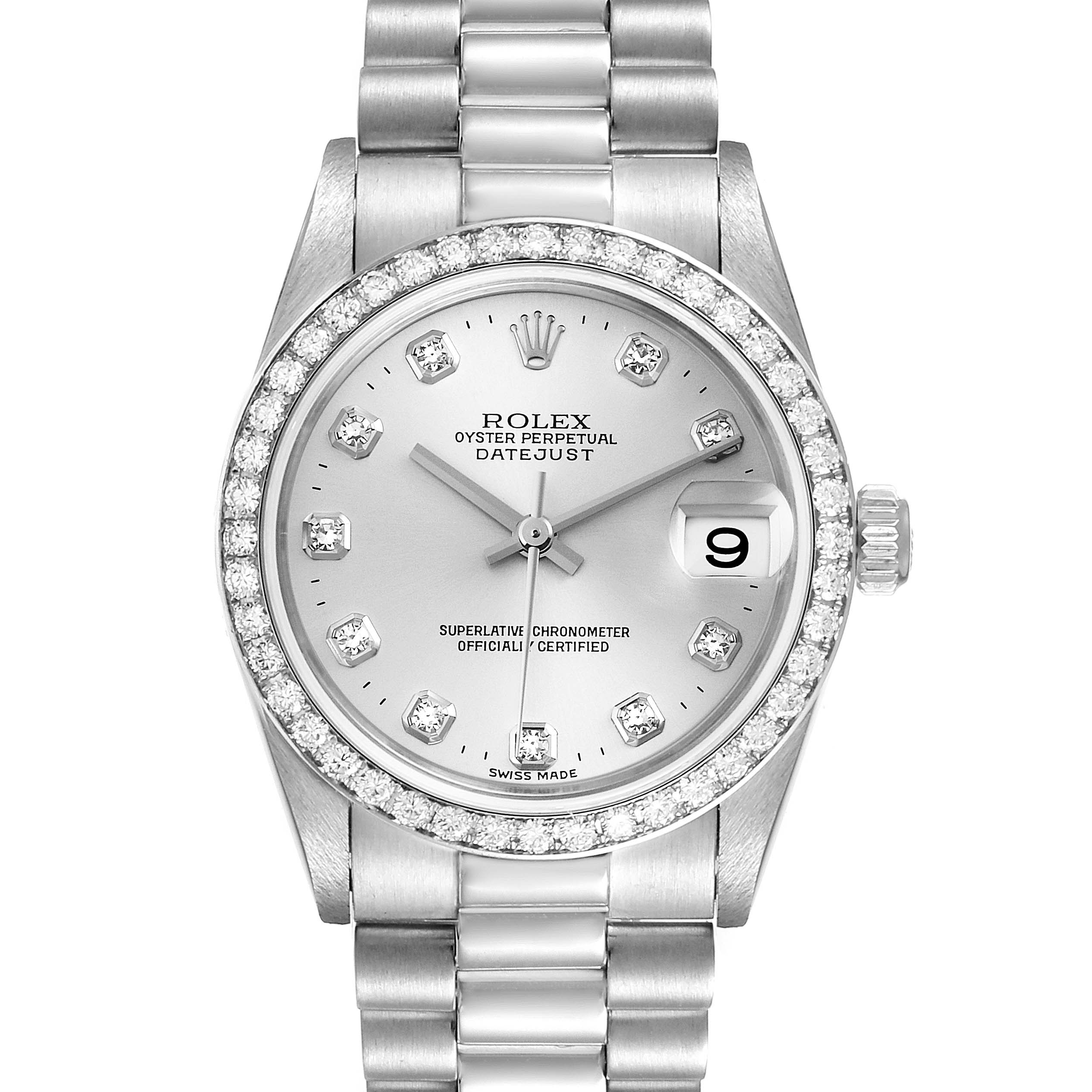 The image shows a Rolex President 78286 Women's Platinum Silver Dial 78286 Women's Platinum Silver Dial Datejust watch from a front angle, highlighting its face, bezel, and part of the bracelet.