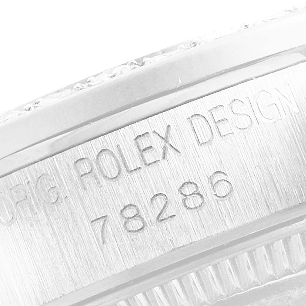 The image shows a close-up angle of the side engraving on the case of a Rolex President 78286 Women's Platinum Silver Dial 78286 Women's Platinum Silver Dial model.