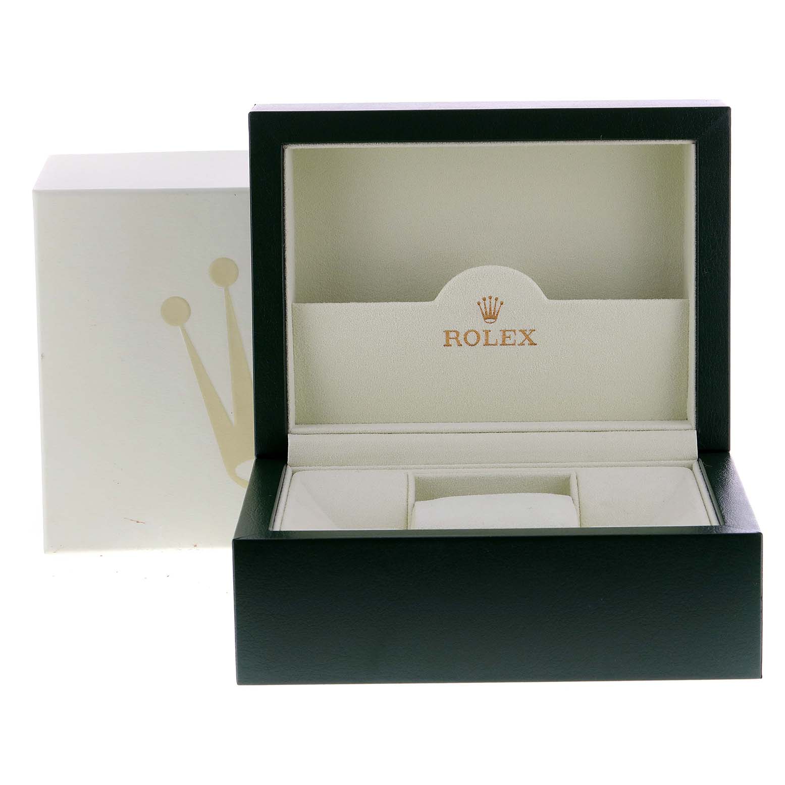 The image shows an open Rolex President 78286 Women's Platinum Silver Dial 78286 Women's Platinum Silver Dial watch box, displaying the interior compartments at a front-facing angle.