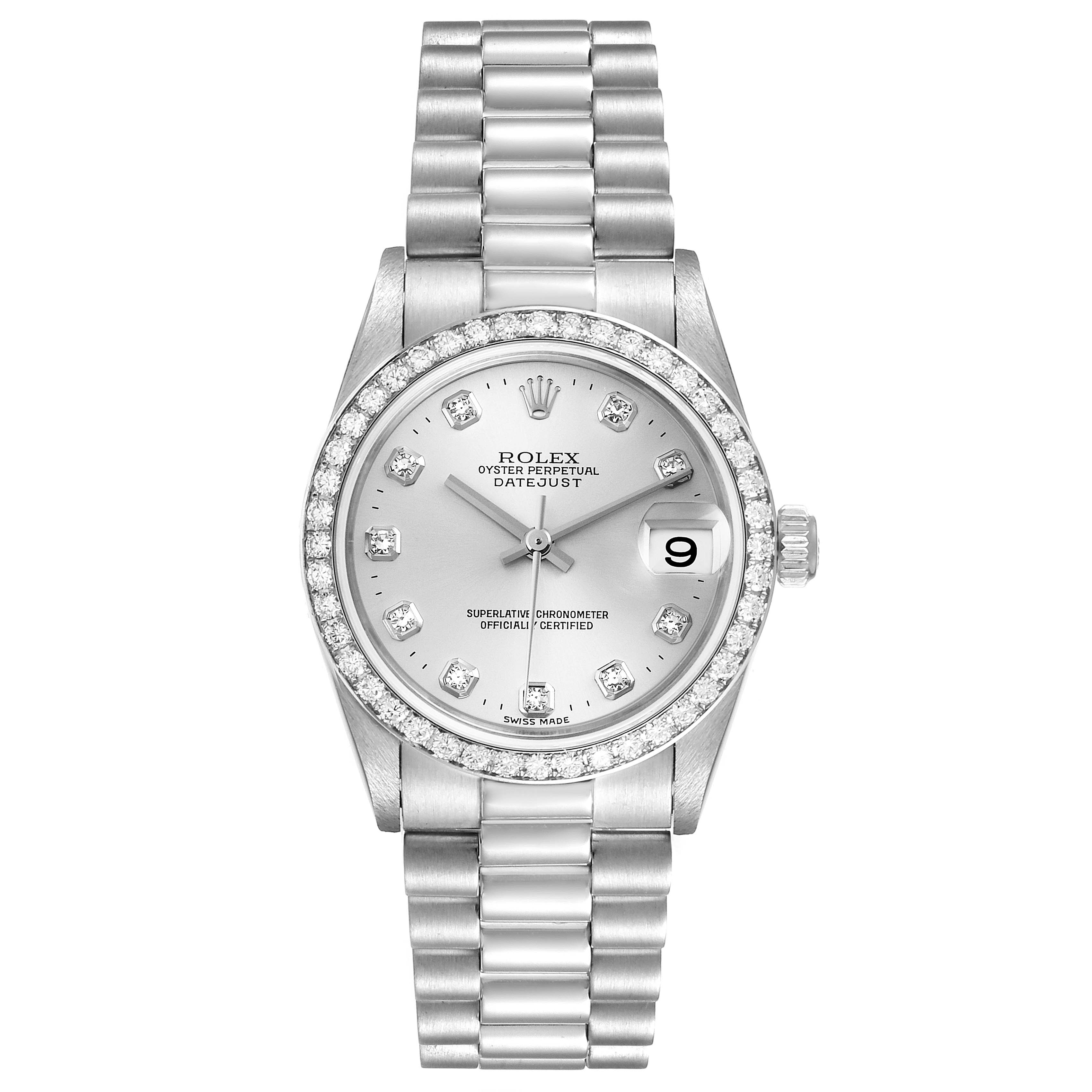 This image shows a top view of a Rolex President 78286 Women's Platinum Silver Dial 78286 Women's Platinum Silver Dial model, highlighting its bracelet, bezel, and dial.