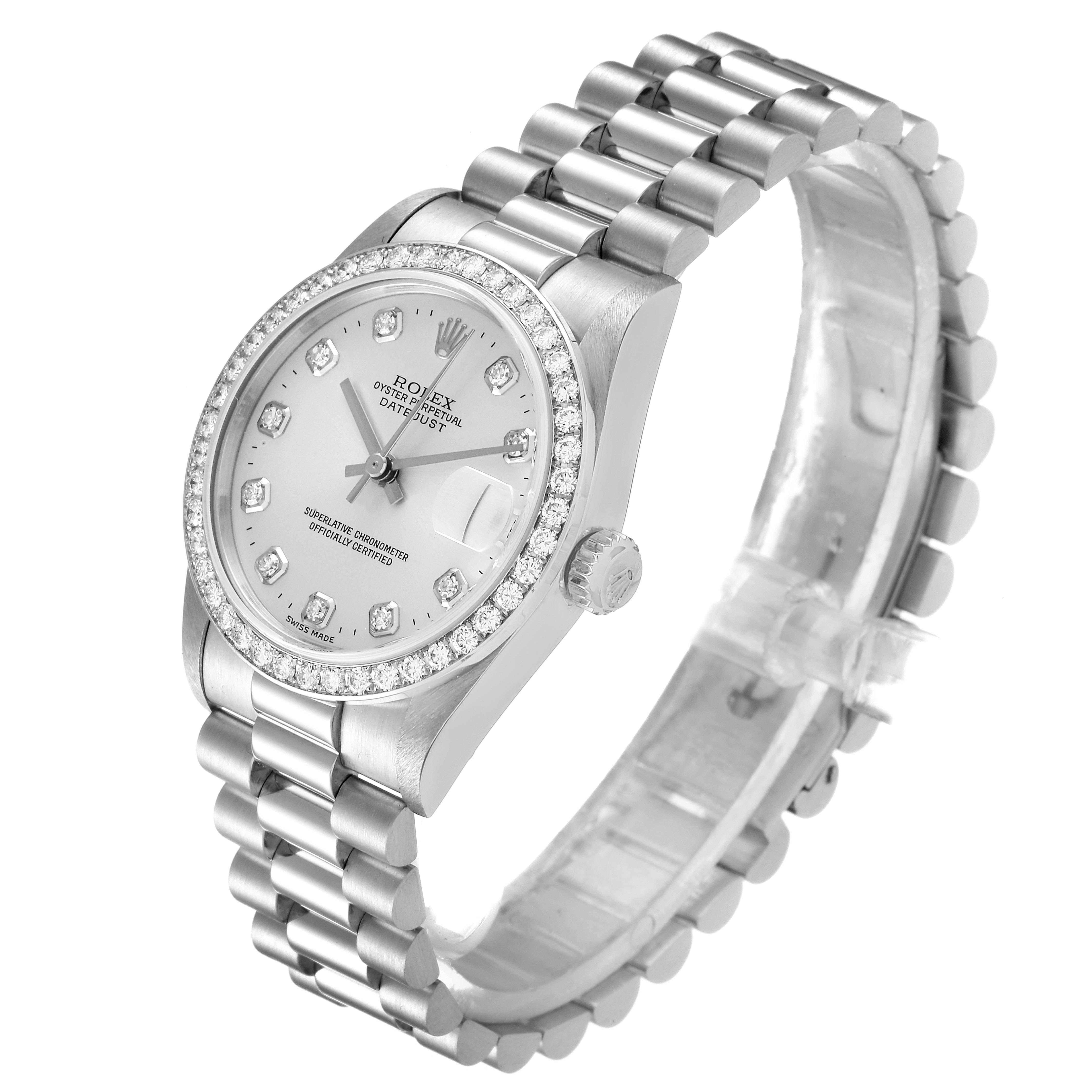 The image shows a side angle view of a Rolex President 78286 Women's Platinum Silver Dial 78286 Women's Platinum Silver Dial model watch, highlighting the face, bezel, crown, and bracelet.
