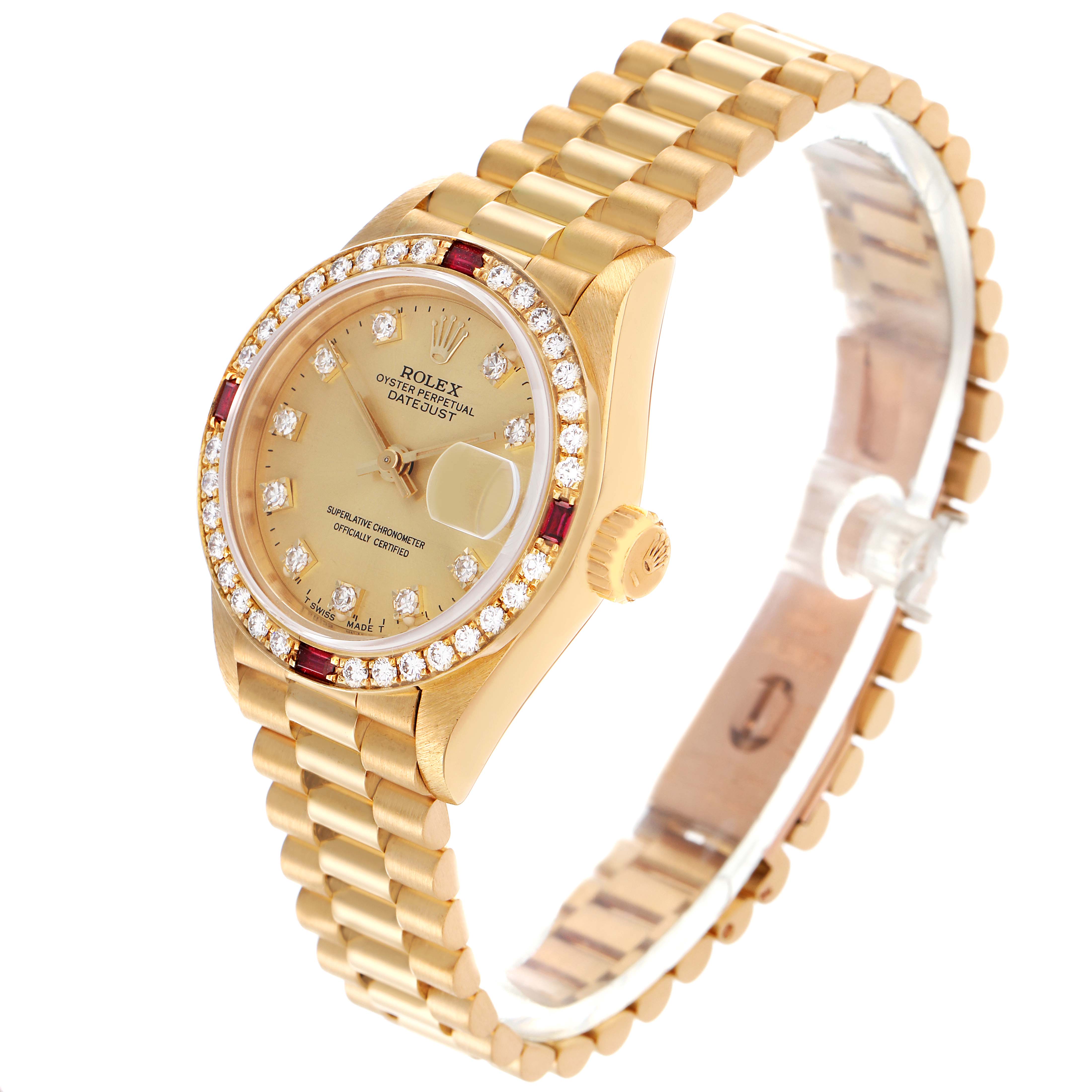 The Rolex President 69068 Women
s Yellow Gold Champagne Dial 69068 Women
s Yellow Gold Champagne Dial model watch is shown at an angled side view, featuring the dial, bezel, and bracelet.