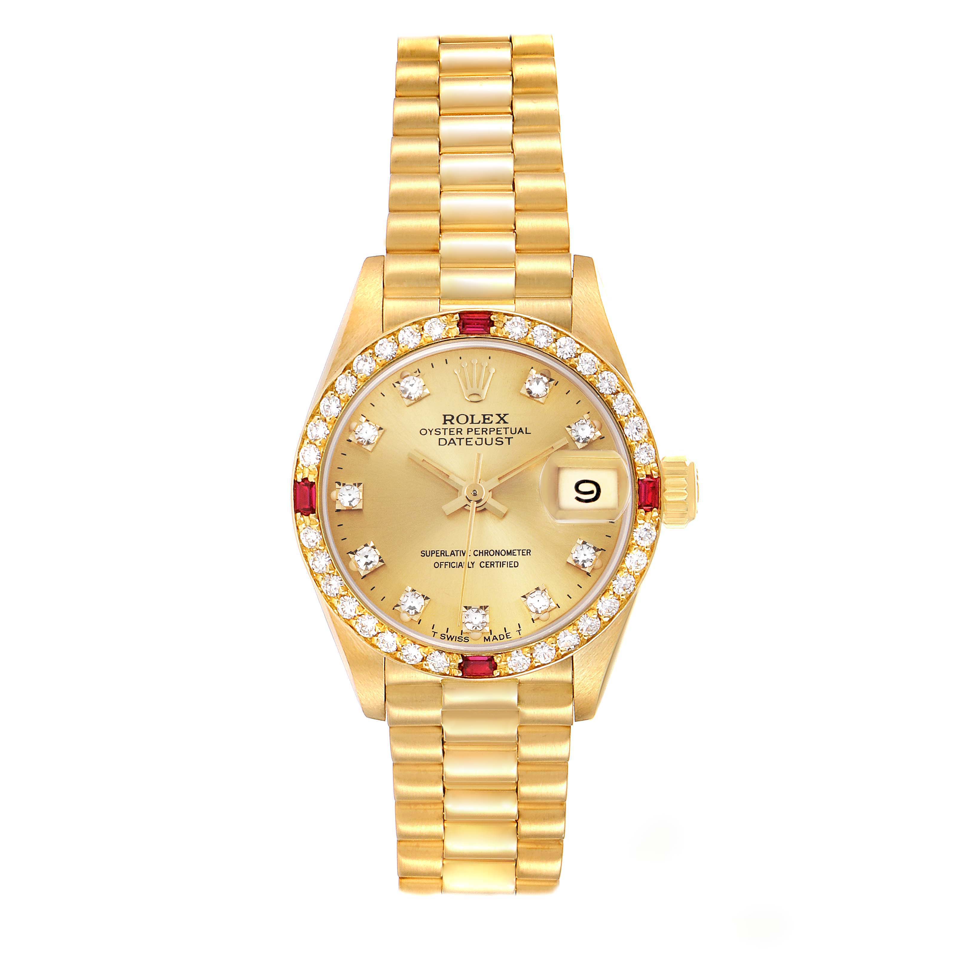 The Rolex President 69068 Women
s Yellow Gold Champagne Dial 69068 Women
s Yellow Gold Champagne Dial model is shown from a front angle, displaying the dial, bezel, bracelet, and date feature.