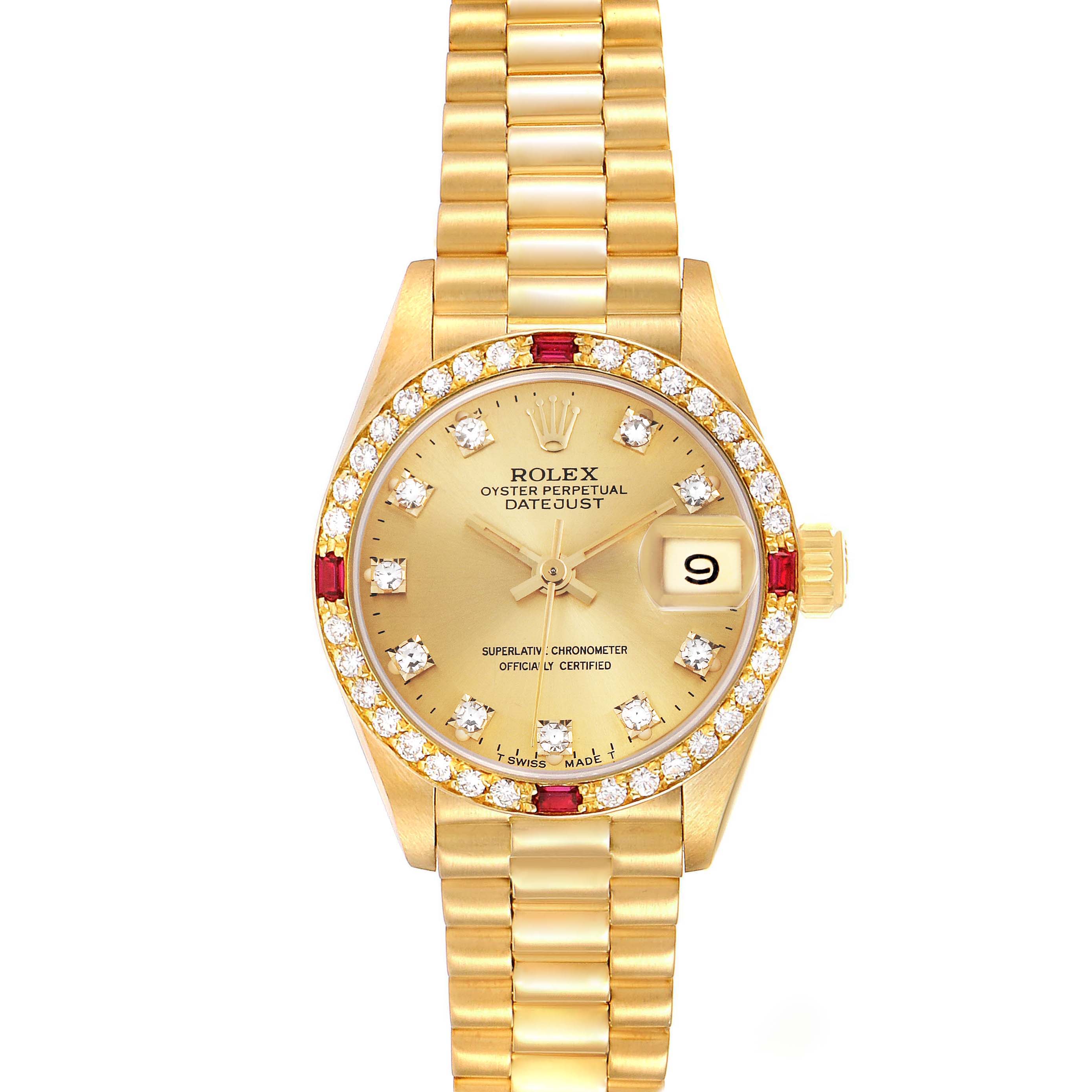 The Rolex President 69068 Women
s Yellow Gold Champagne Dial 69068 Women
s Yellow Gold Champagne Dial model is shown from a top-down angle, displaying its dial, bezel, and bracelet.