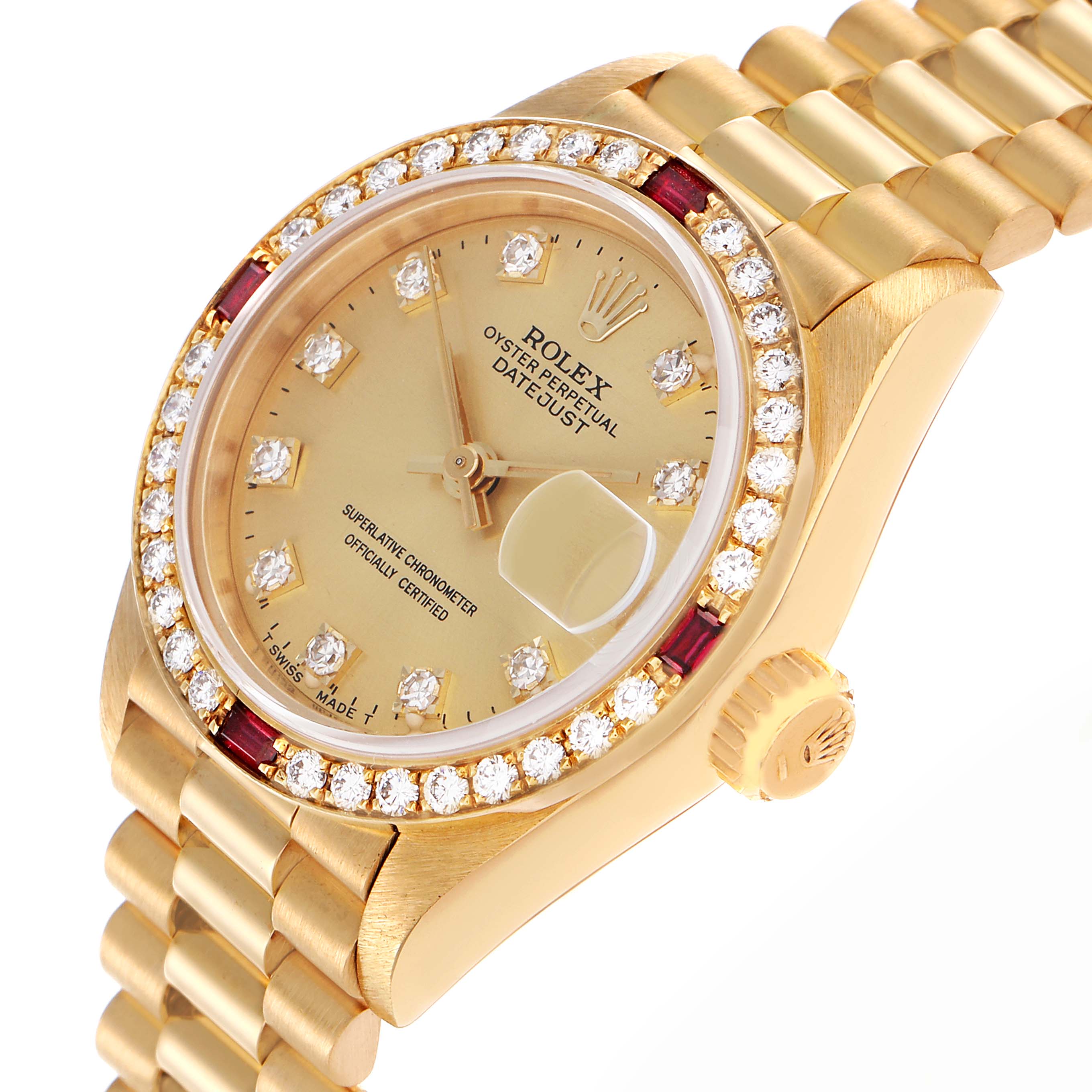The Rolex President 69068 Women
s Yellow Gold Champagne Dial 69068 Women
s Yellow Gold Champagne Dial model is shown at an angled side view, displaying the dial, bezel, crown, and part of the bracelet.
