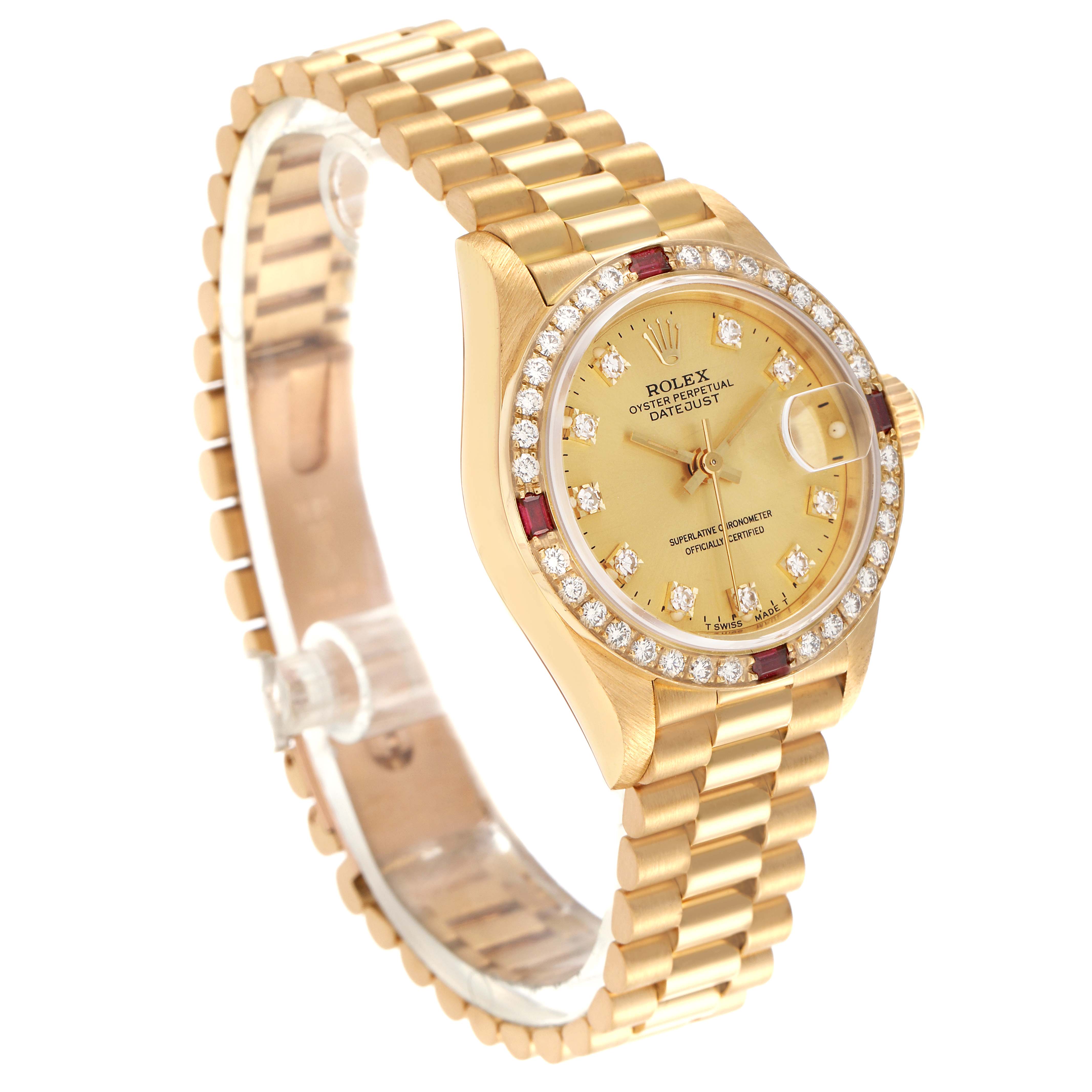 The Rolex President 69068 Women
s Yellow Gold Champagne Dial 69068 Women
s Yellow Gold Champagne Dial model watch is shown at a three-quarter angle, displaying its bracelet, dial, and bejeweled bezel.