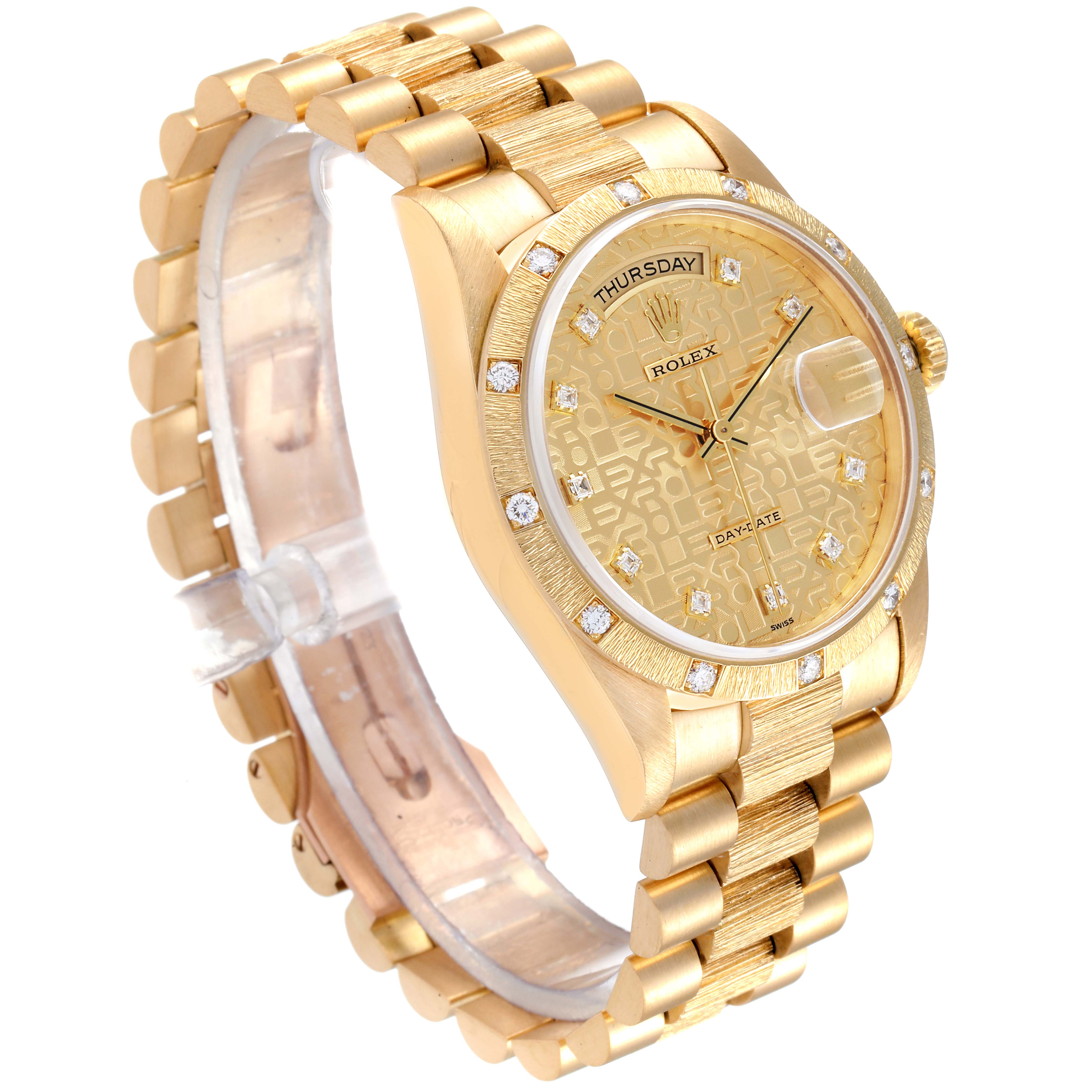 The image showcases a Rolex President 18308 Men's Yellow Gold Champagne Dial 18308 Men's Yellow Gold Champagne Dial model watch angled from the front-left side, displaying the face, bracelet, and crown.