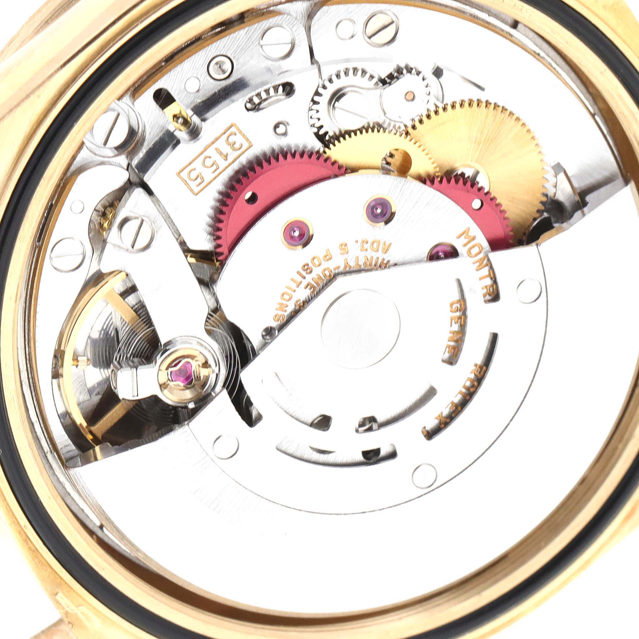 This image shows the internal mechanical movement parts of the Rolex President 18308 Men's Yellow Gold Champagne Dial 18308 Men's Yellow Gold Champagne Dial model watch at a close-up angle.