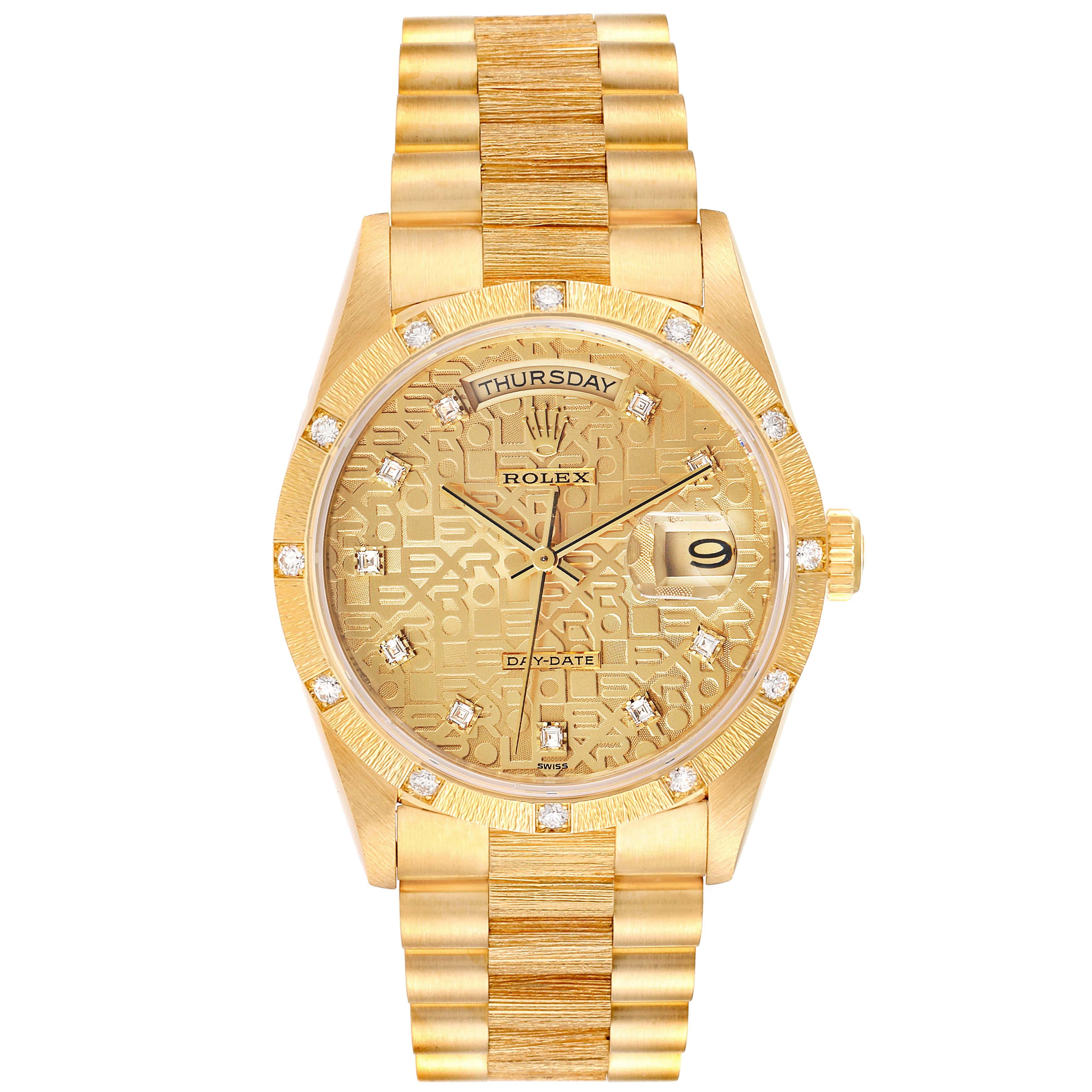 The image shows a front view of a Rolex President 18308 Men's Yellow Gold Champagne Dial 18308 Men's Yellow Gold Champagne Dial model watch, highlighting its gold bracelet, dial, day and date displays, and diamond hour markers.