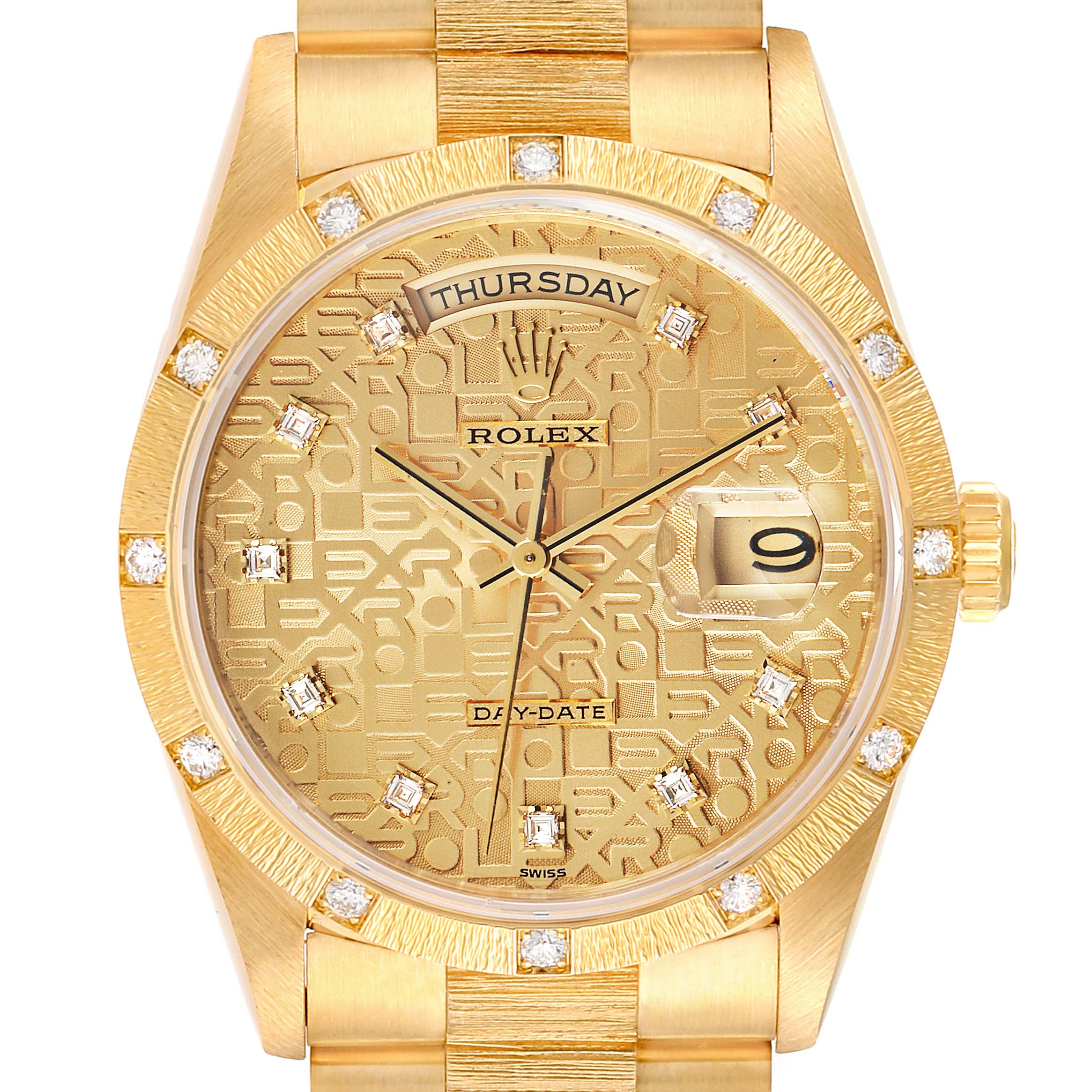 The image shows a front view of the Rolex President 18308 Men's Yellow Gold Champagne Dial 18308 Men's Yellow Gold Champagne Dial model watch, highlighting its dial, hands, crown, and part of the bracelet.