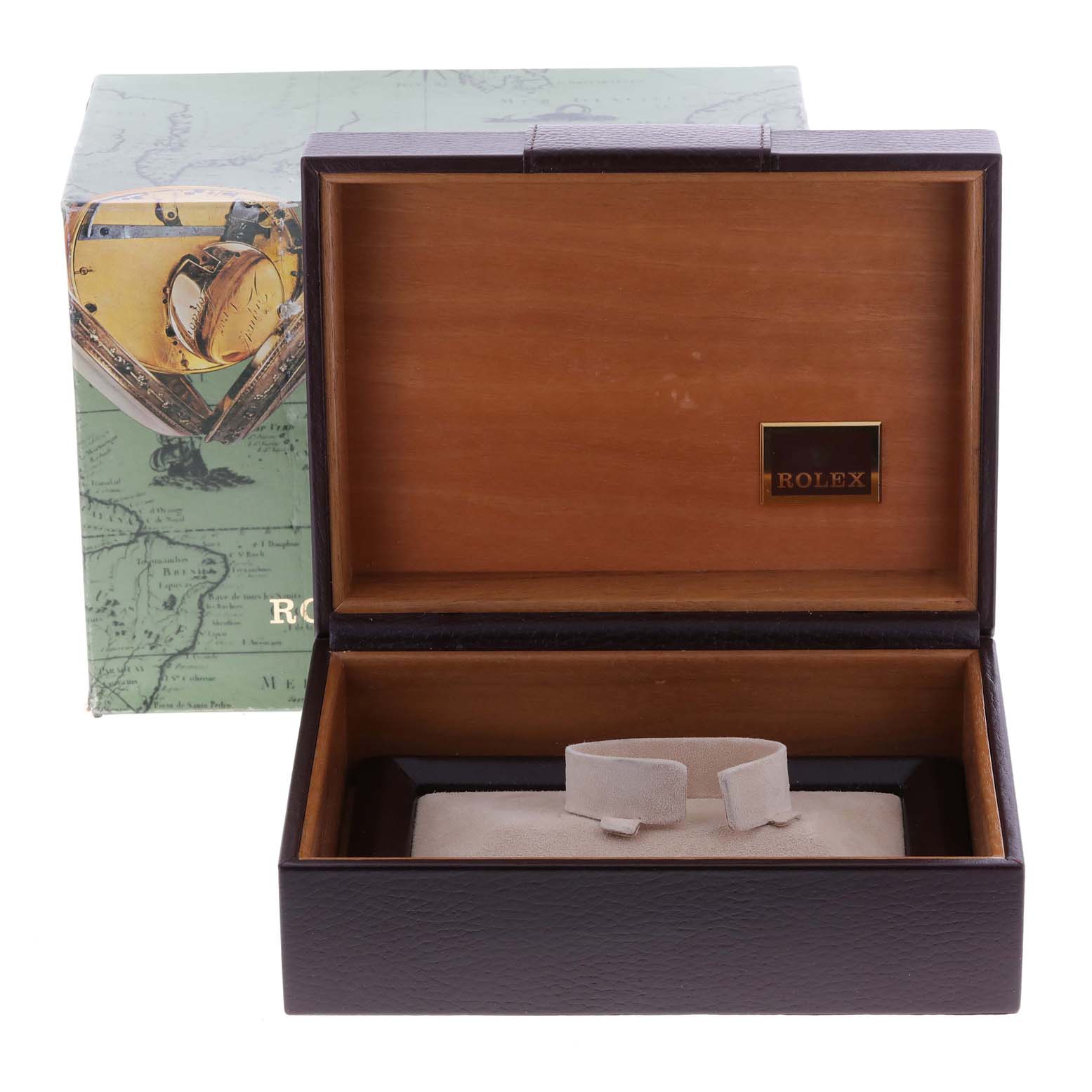 The image shows an open wooden Rolex President 18308 Men's Yellow Gold Champagne Dial 18308 Men's Yellow Gold Champagne Dial watch box, featuring the Rolex logo, with the outer box in the background.