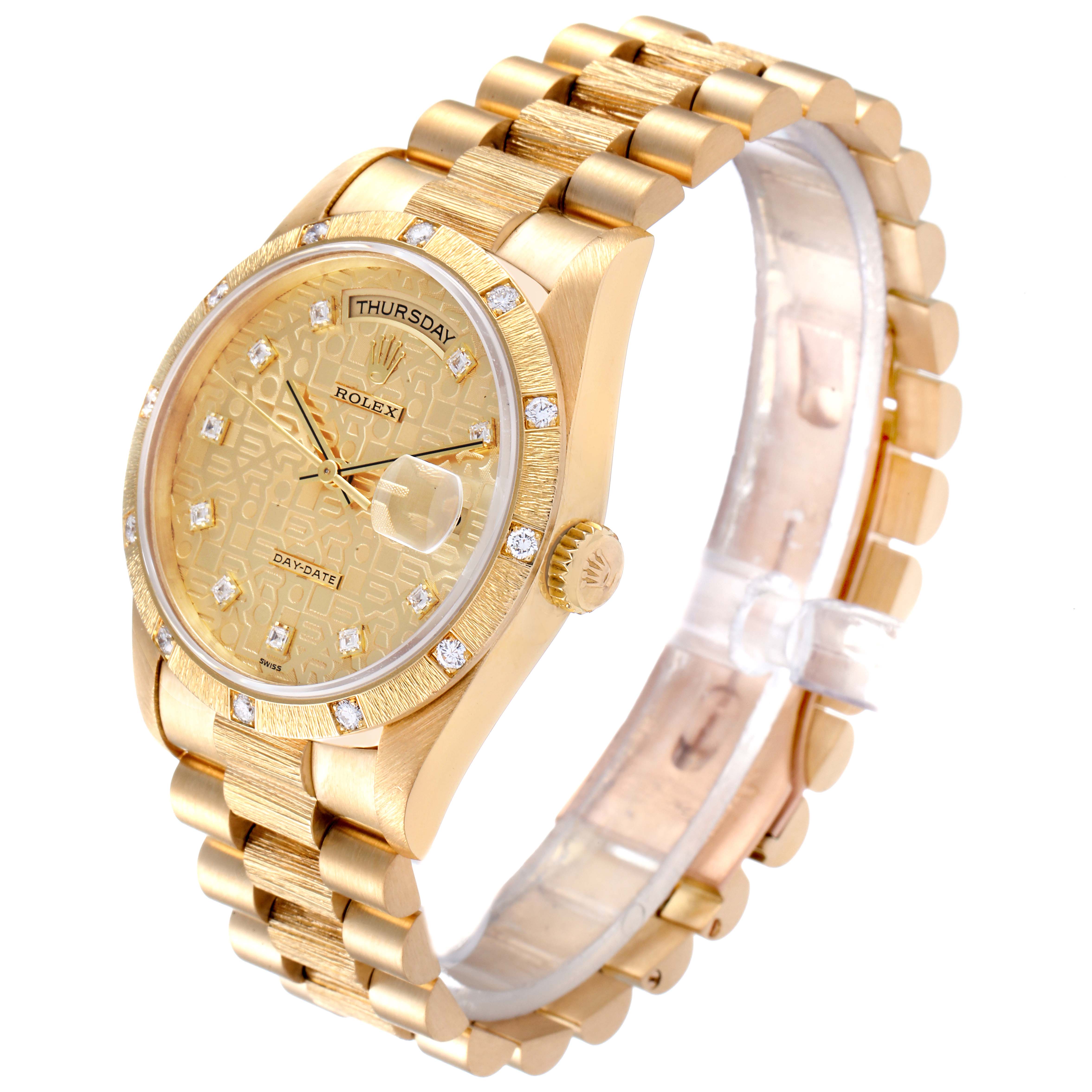 The Rolex President 18308 Men's Yellow Gold Champagne Dial 18308 Men's Yellow Gold Champagne Dial model watch is shown at a slight angle, highlighting its gold bracelet, diamond bezel, and detailed dial.