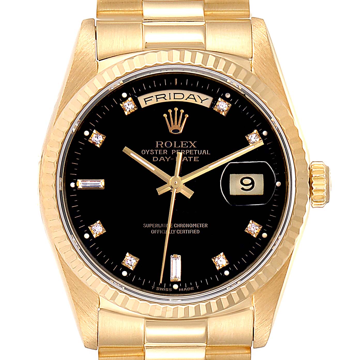 The image shows a front view of a Rolex President 18238 Men's Yellow Gold Black Dial 18238 Men's Yellow Gold Black Dial model watch, highlighting its black dial, gold casing, and bracelet, as well as diamond hour markers.