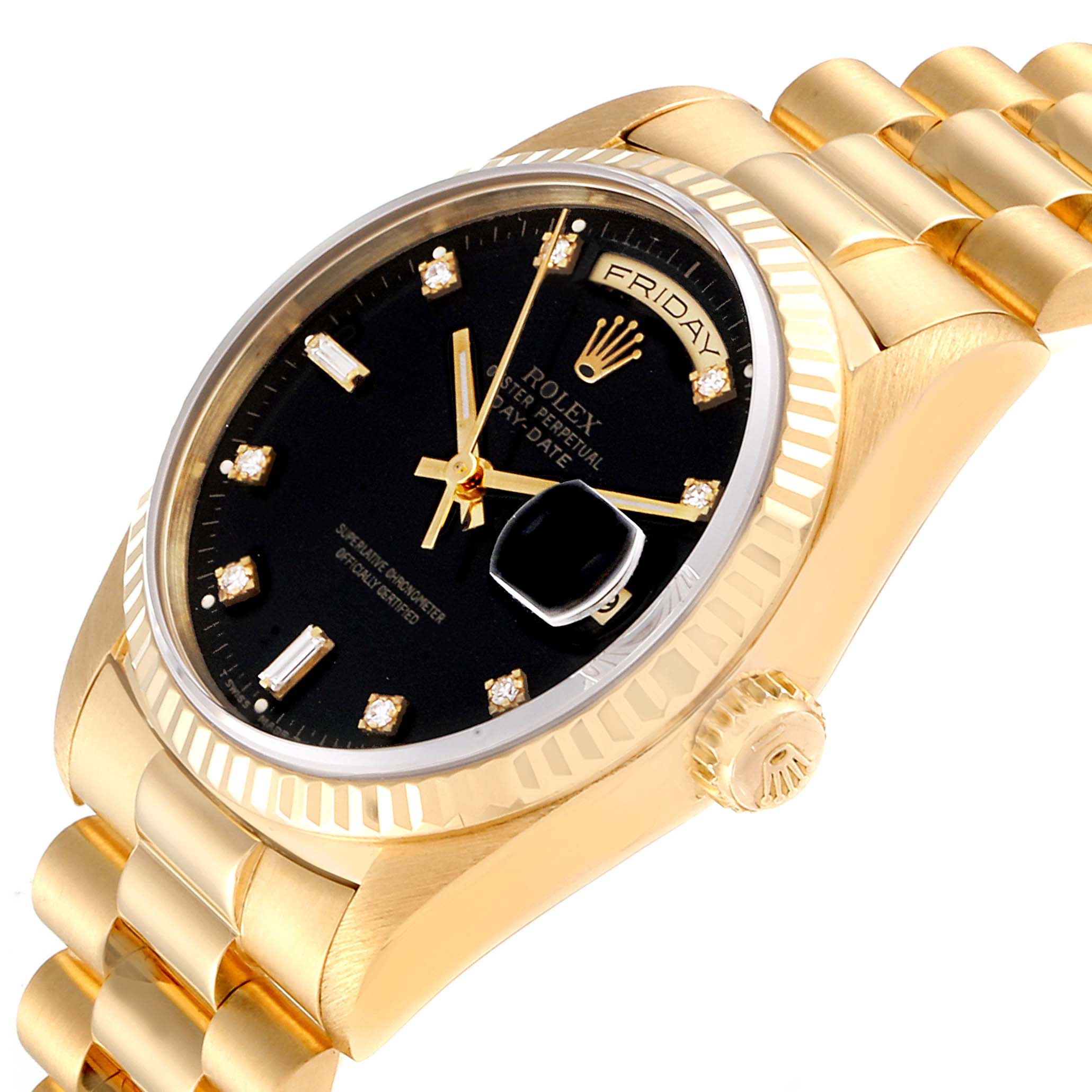 The Rolex President 18238 Men's Yellow Gold Black Dial 18238 Men's Yellow Gold Black Dial model watch is shown at an angle displaying the crown, dial, fluted bezel, and partially the bracelet.