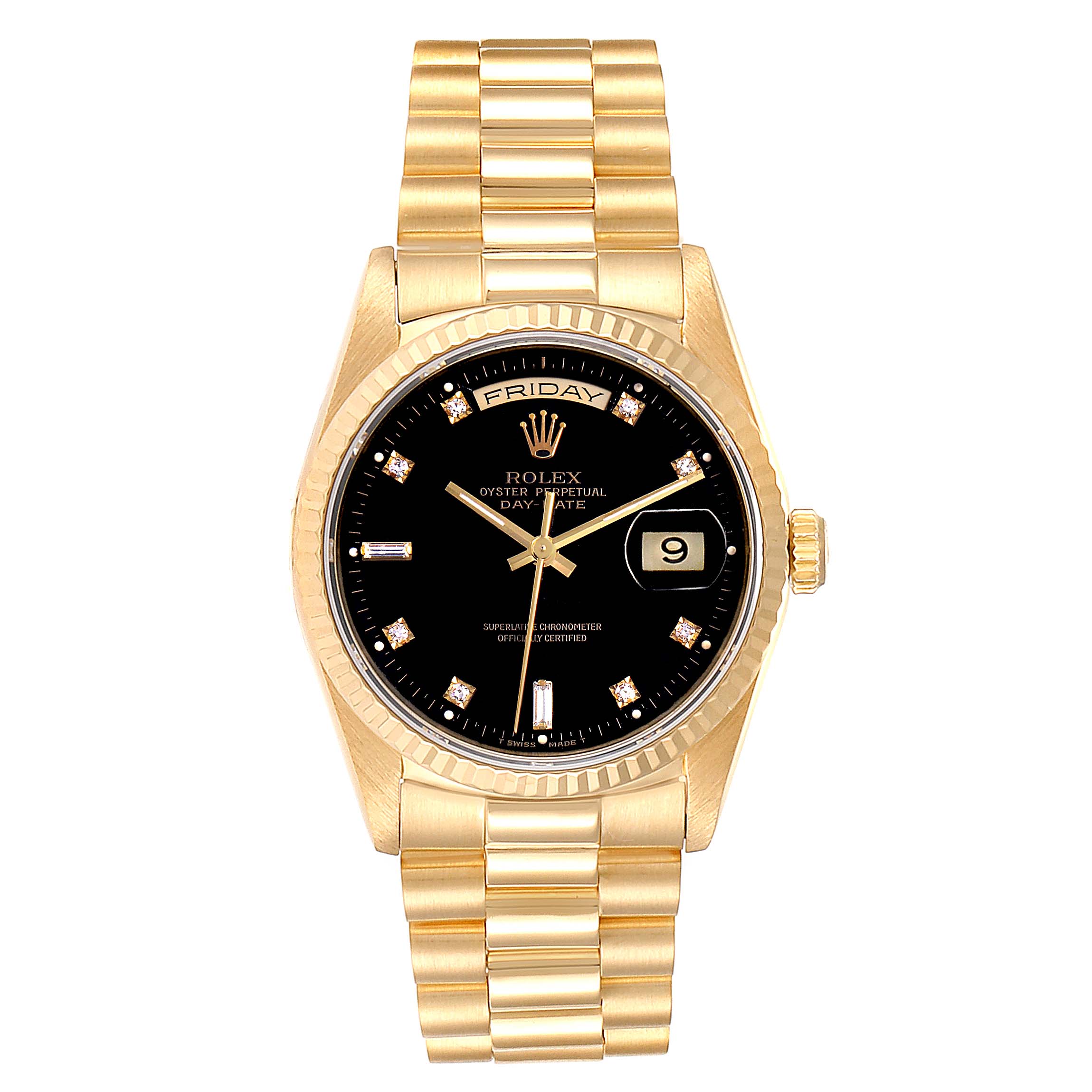 This image shows a frontal view of a Rolex President 18238 Men's Yellow Gold Black Dial 18238 Men's Yellow Gold Black Dial model watch, displaying the dial, bezel, bracelet, and crown.