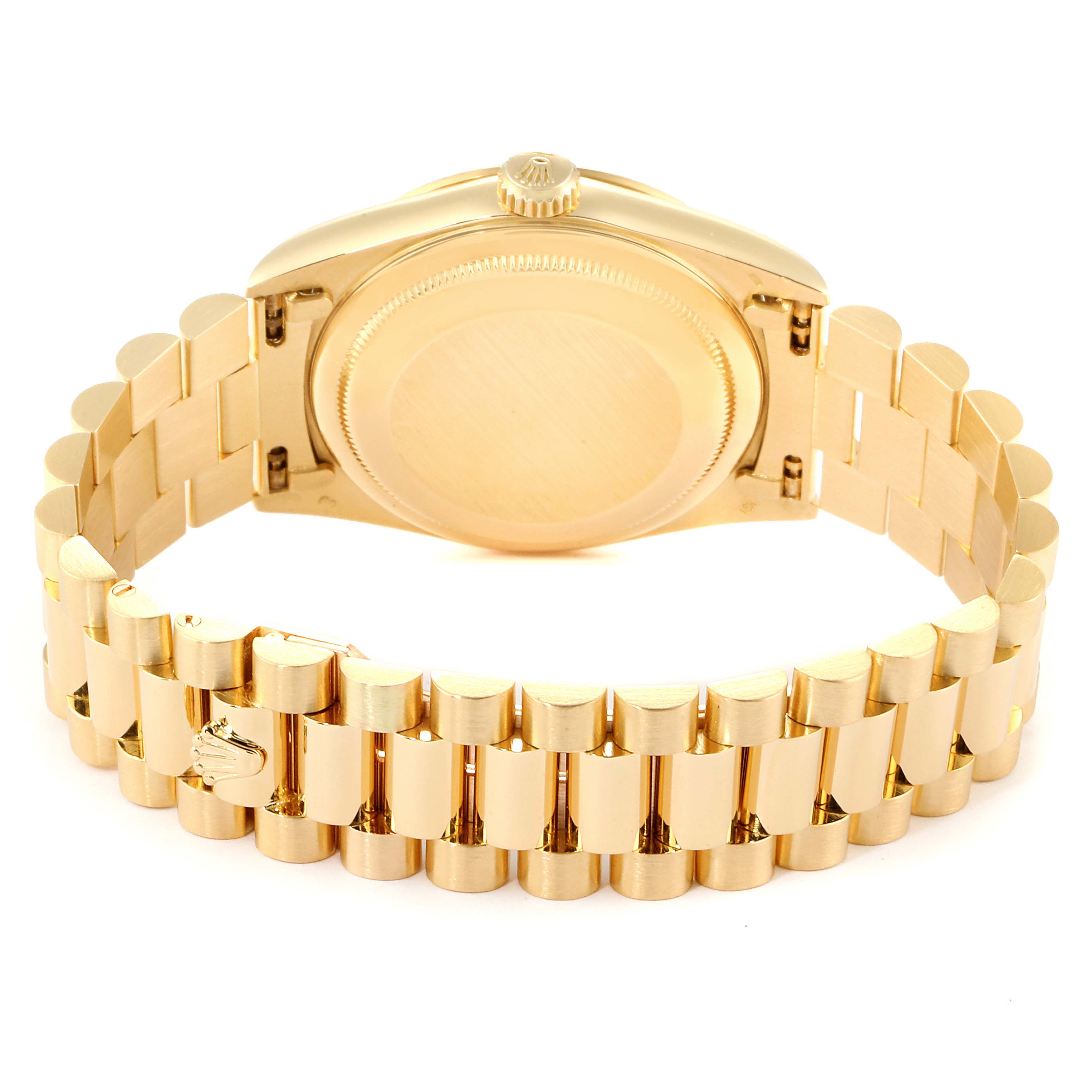 The image shows the backside and bracelet of a Rolex President 18238 Men's Yellow Gold Black Dial 18238 Men's Yellow Gold Black Dial model watch.