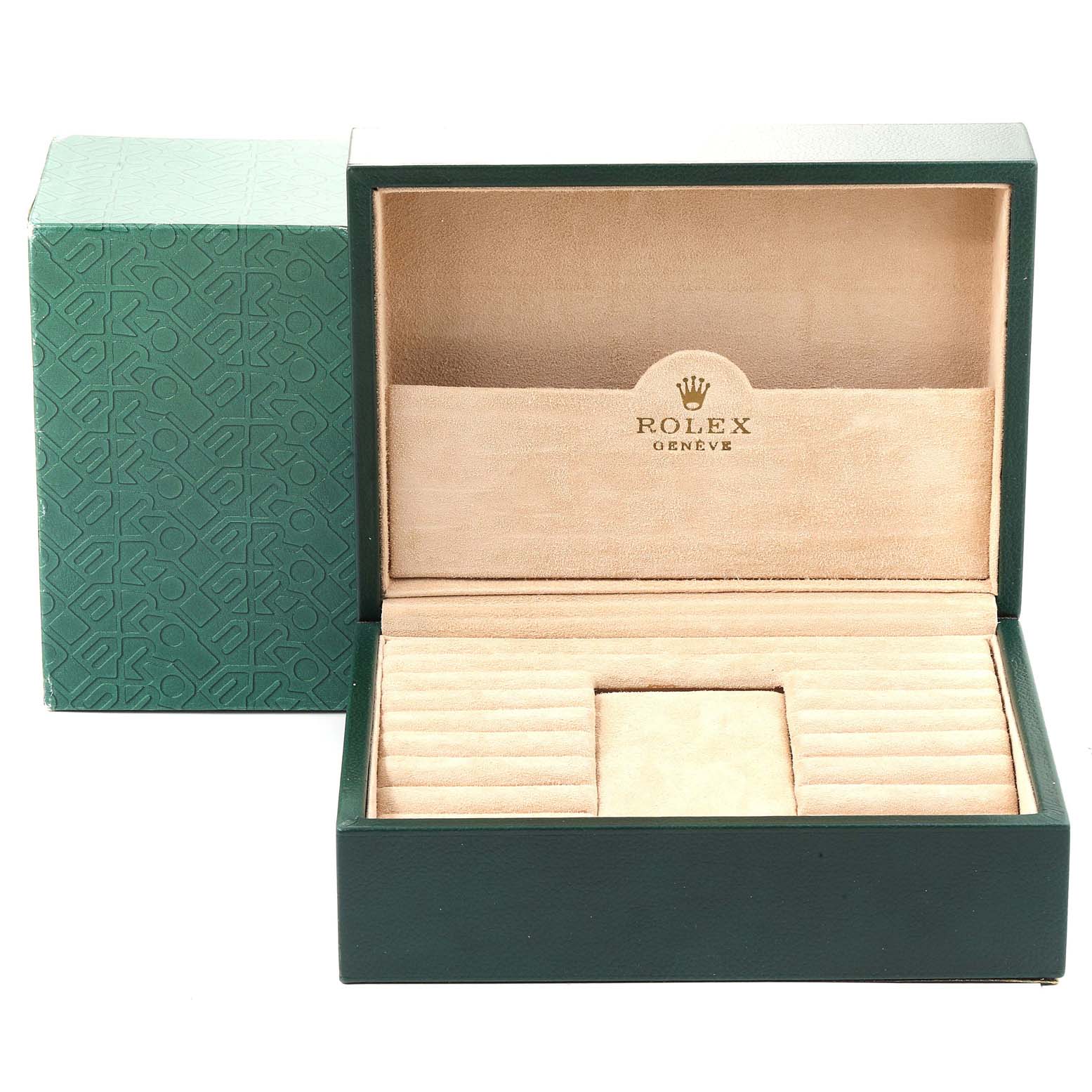 This image shows the open box for a Rolex President 18238 Men's Yellow Gold Black Dial 18238 Men's Yellow Gold Black Dial model watch, featuring a green exterior and plush beige interior.