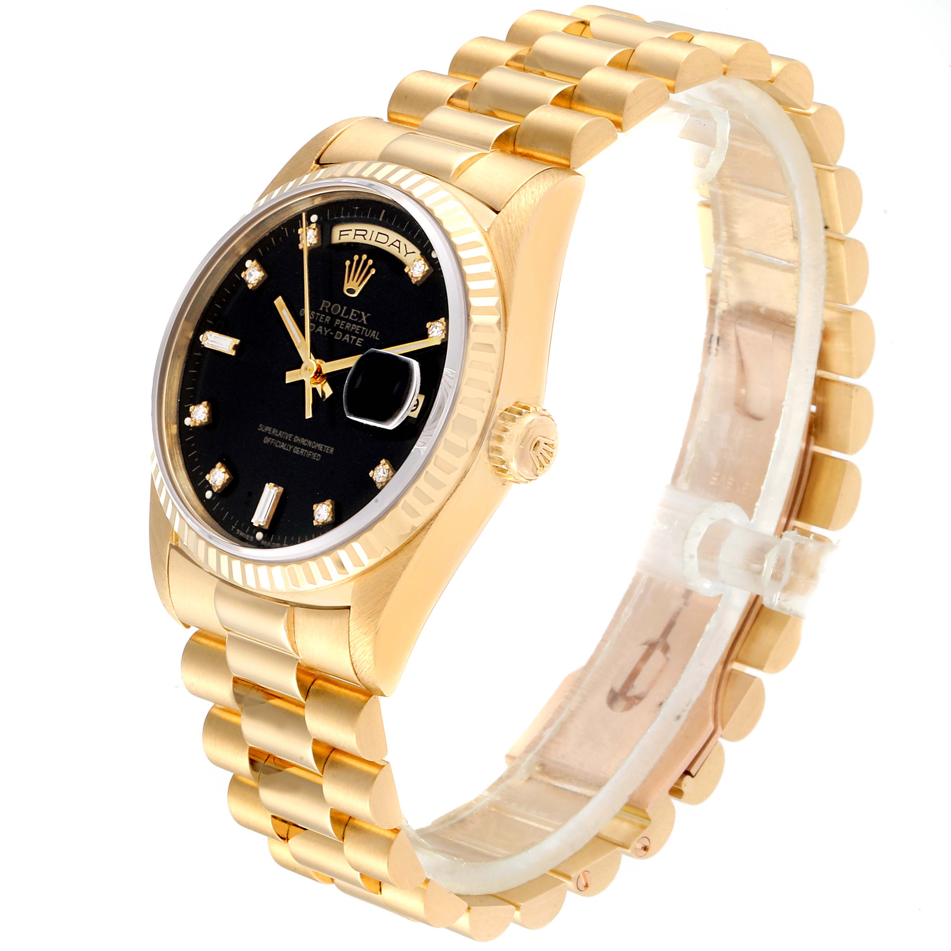This image shows a side-view angle of a Rolex President 18238 Men's Yellow Gold Black Dial 18238 Men's Yellow Gold Black Dial model watch, highlighting its gold case, black dial, and bracelet.