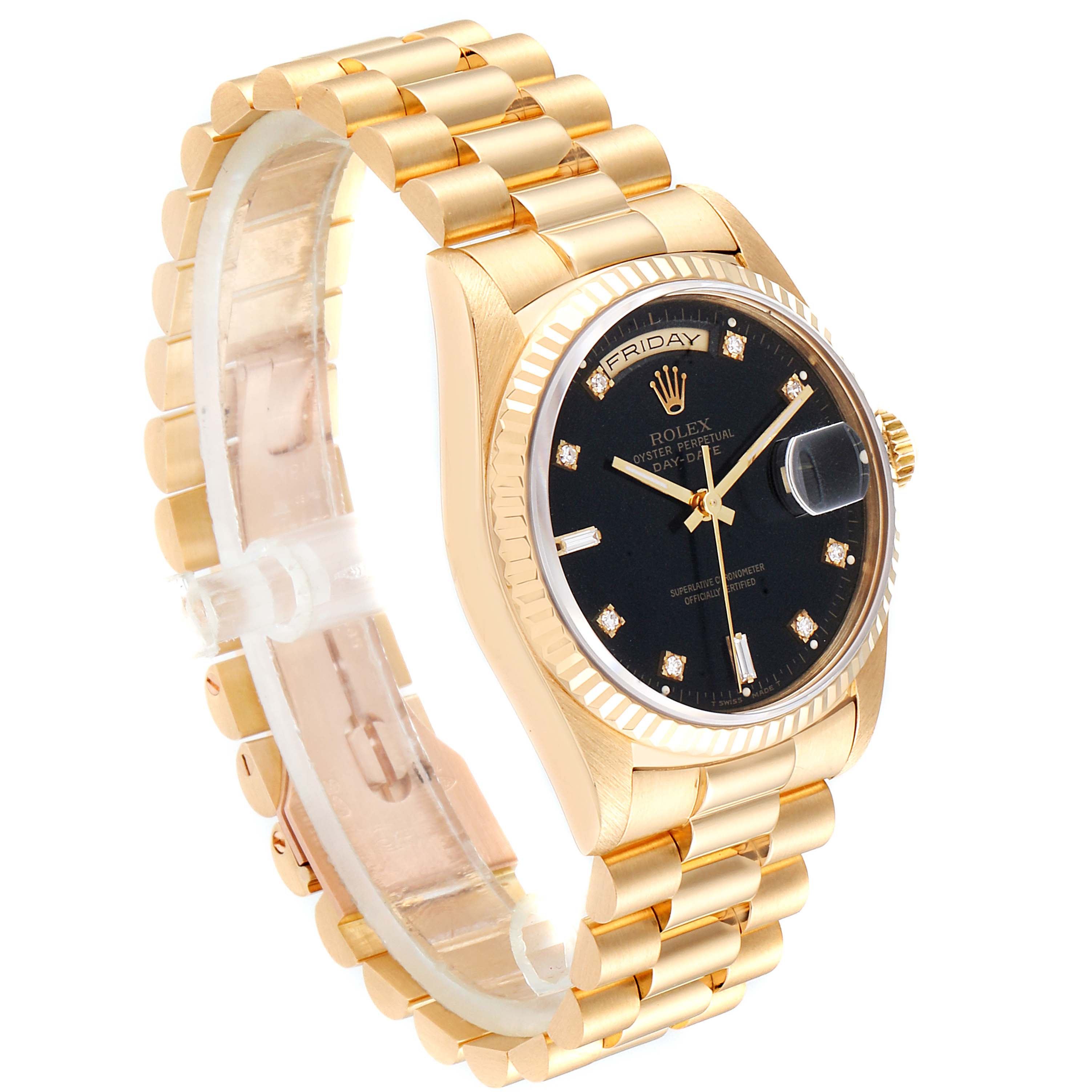 The image shows a side view of a Rolex President 18238 Men's Yellow Gold Black Dial 18238 Men's Yellow Gold Black Dial model watch, featuring the bracelet, bezel, black dial, and crown.