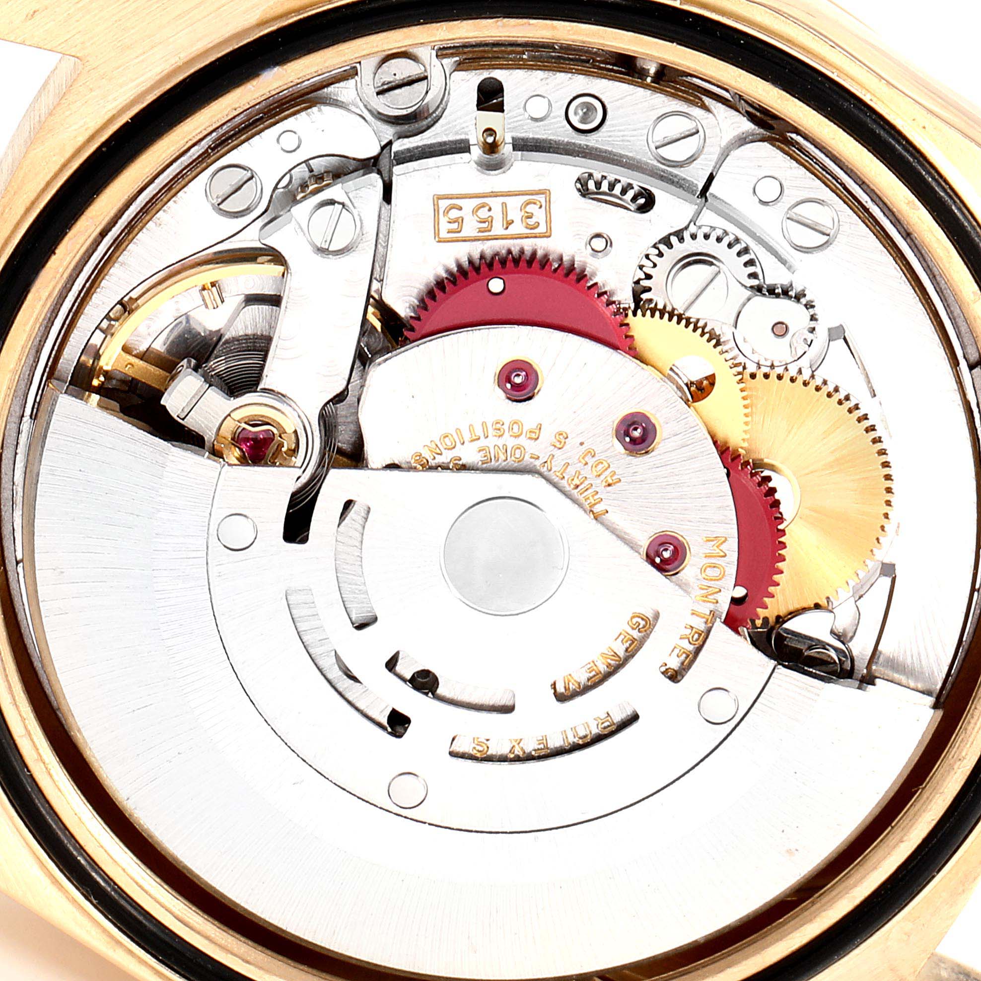 This image shows the detailed inner mechanism of the Rolex President 18238 Men's Yellow Gold Black Dial 18238 Men's Yellow Gold Black Dial watch model from a rear angle.